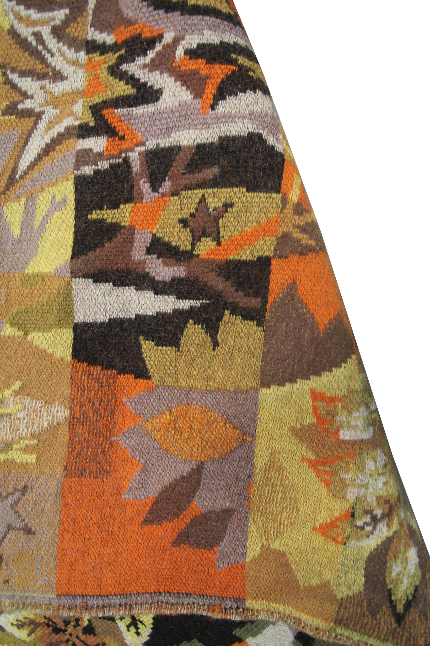 Wool Vintage European Kilim Flatwoven Rug Signed Handmade Tapestry Art Nouveau Rug For Sale