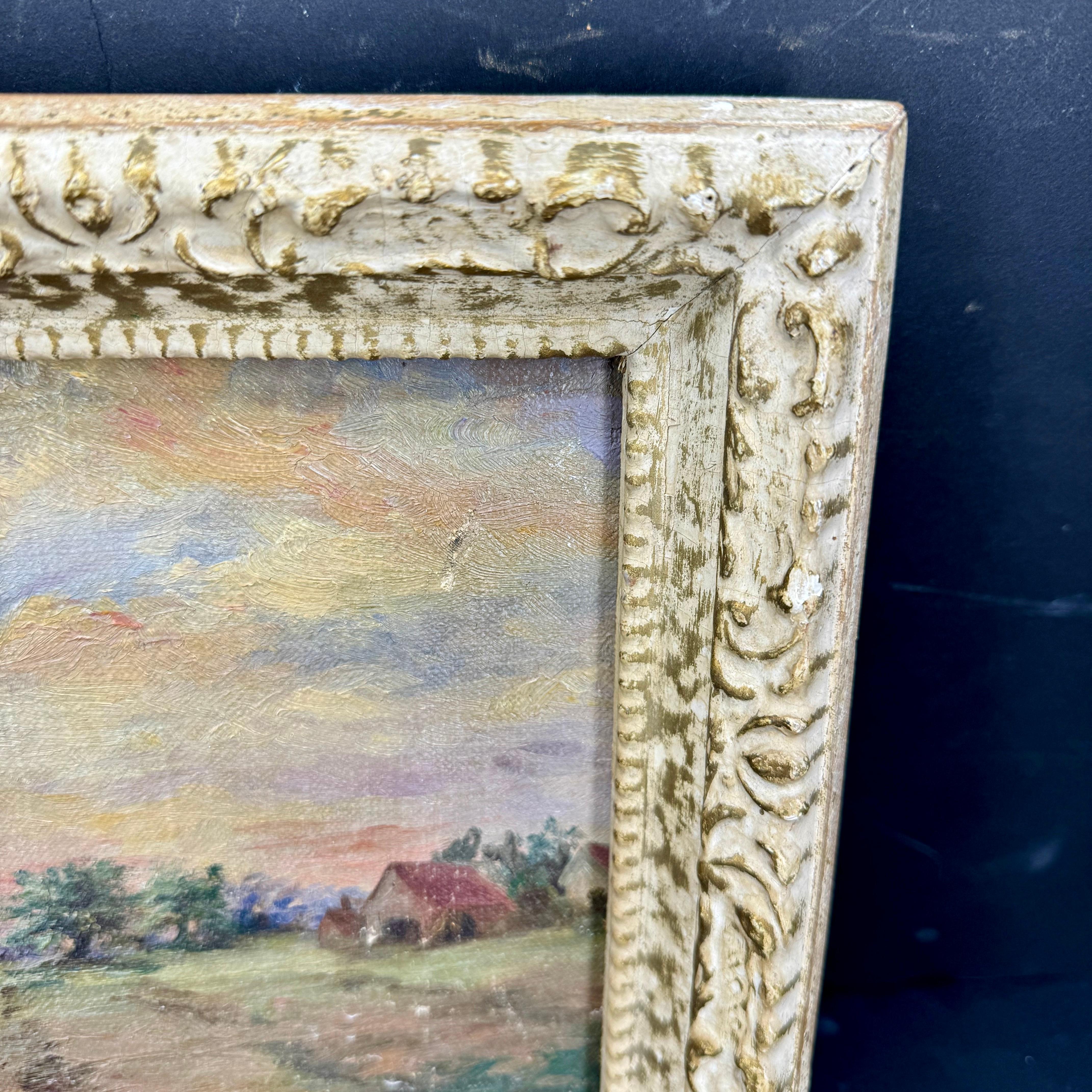 Paysage européen vintage avec meules de foin Peinture à l'huile sur carton encadrée en vente 2