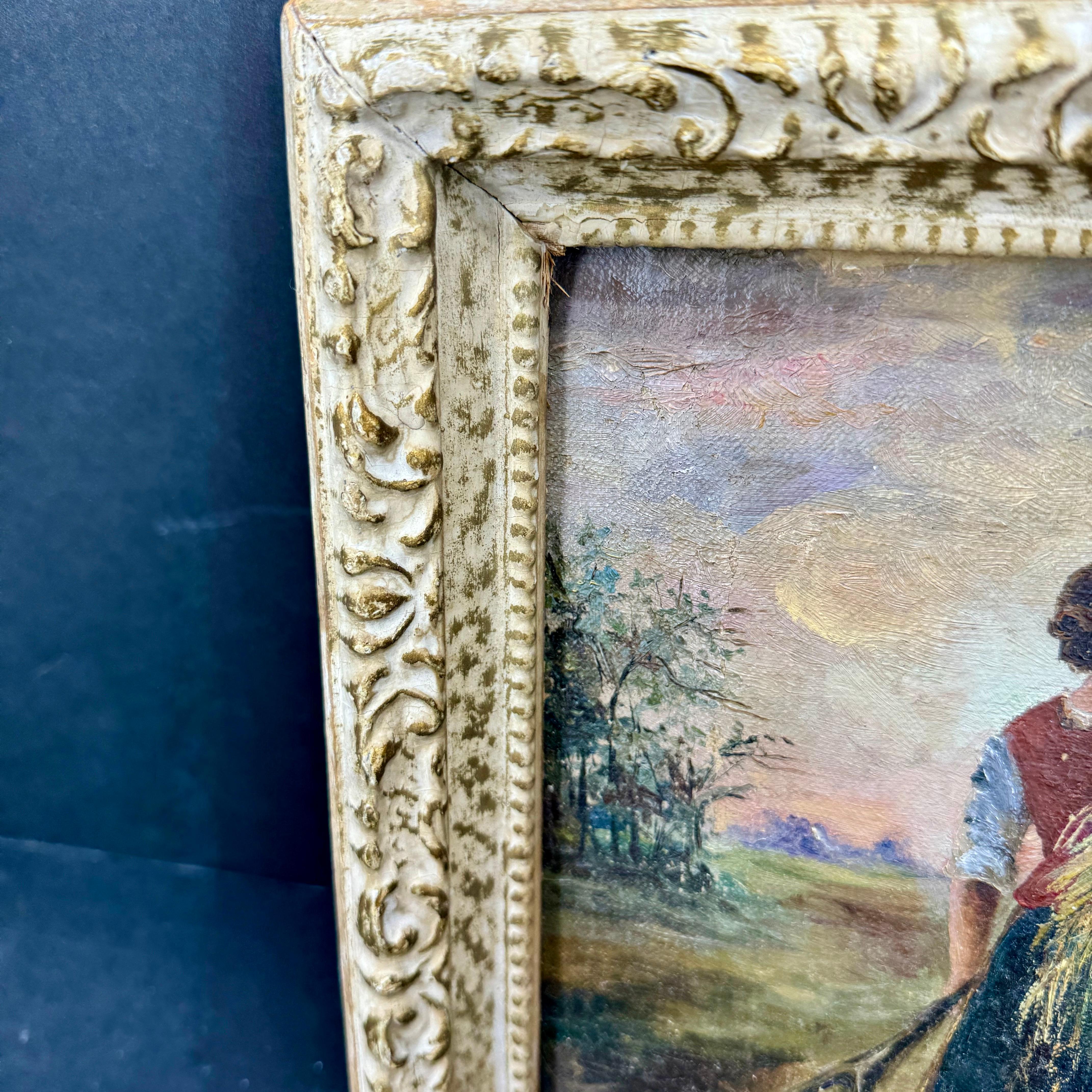 Paysage européen vintage avec meules de foin Peinture à l'huile sur carton encadrée en vente 4