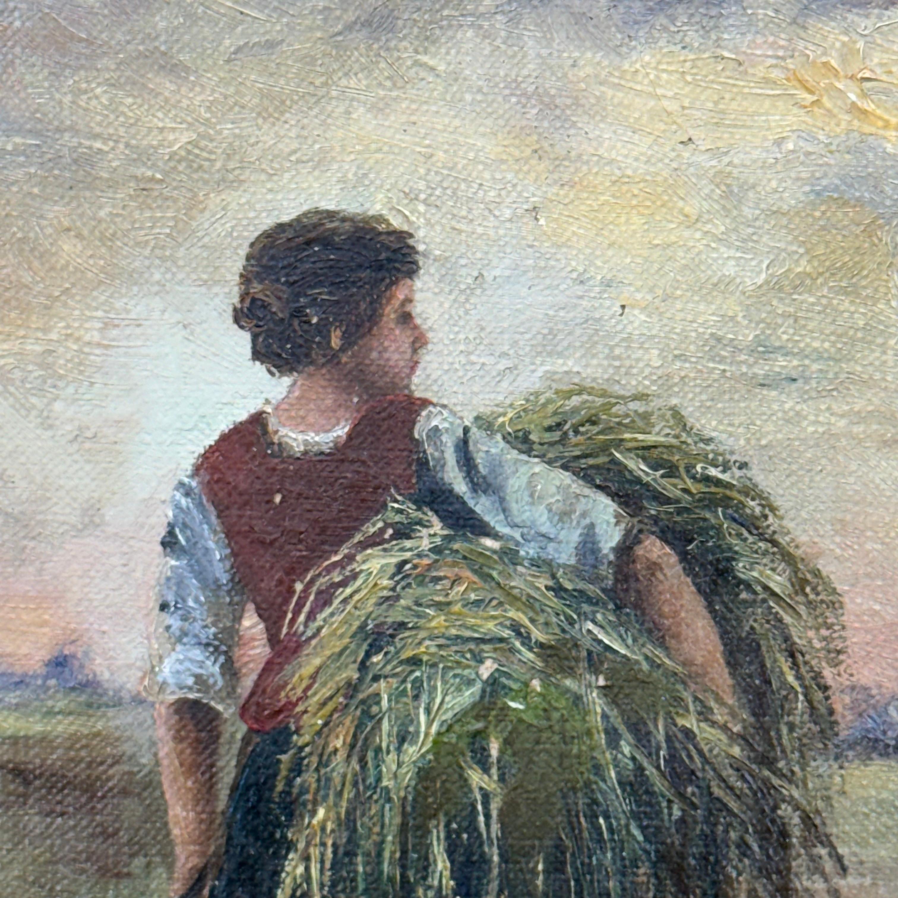 Romantique Paysage européen vintage avec meules de foin Peinture à l'huile sur carton encadrée en vente