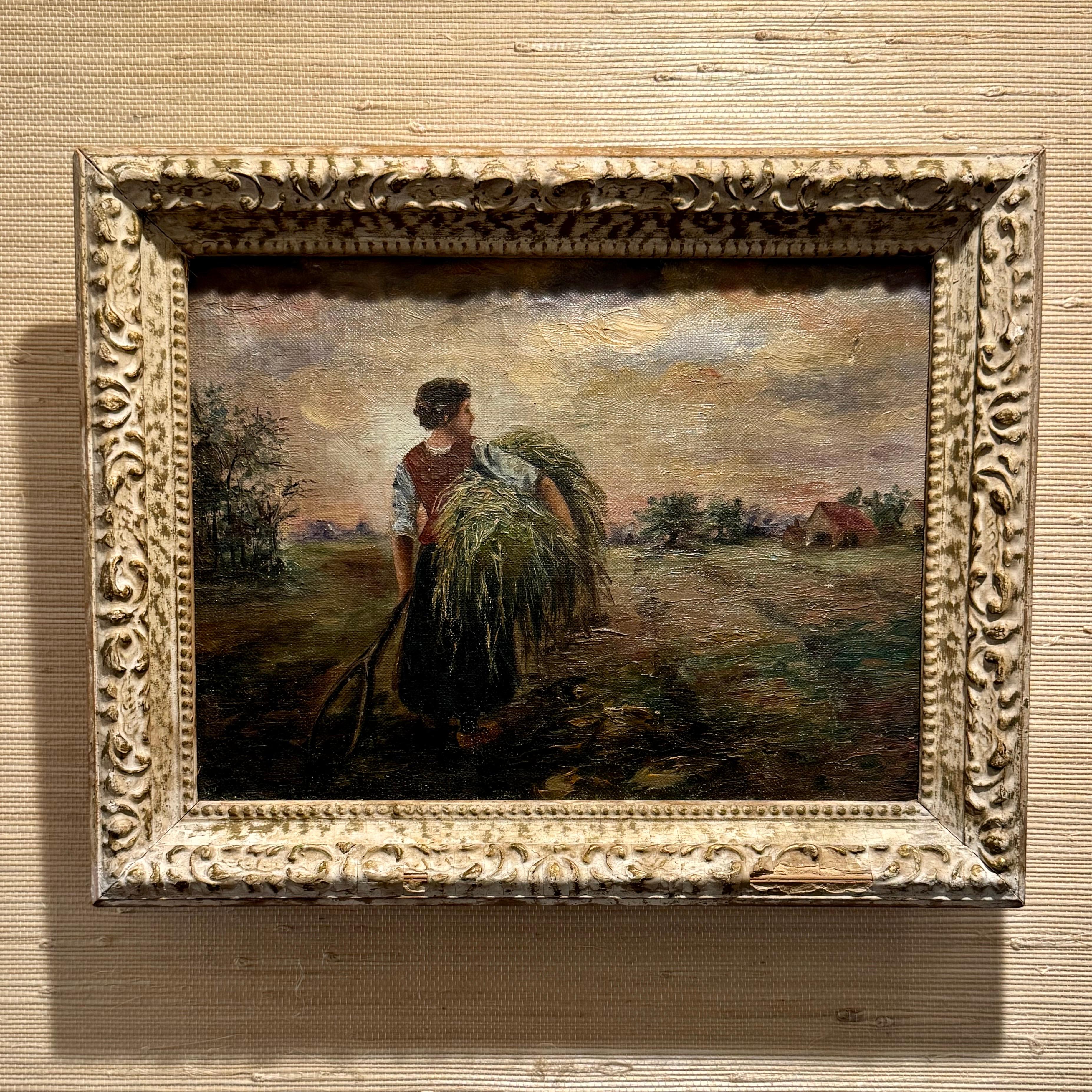 Européen Paysage européen vintage avec meules de foin Peinture à l'huile sur carton encadrée en vente