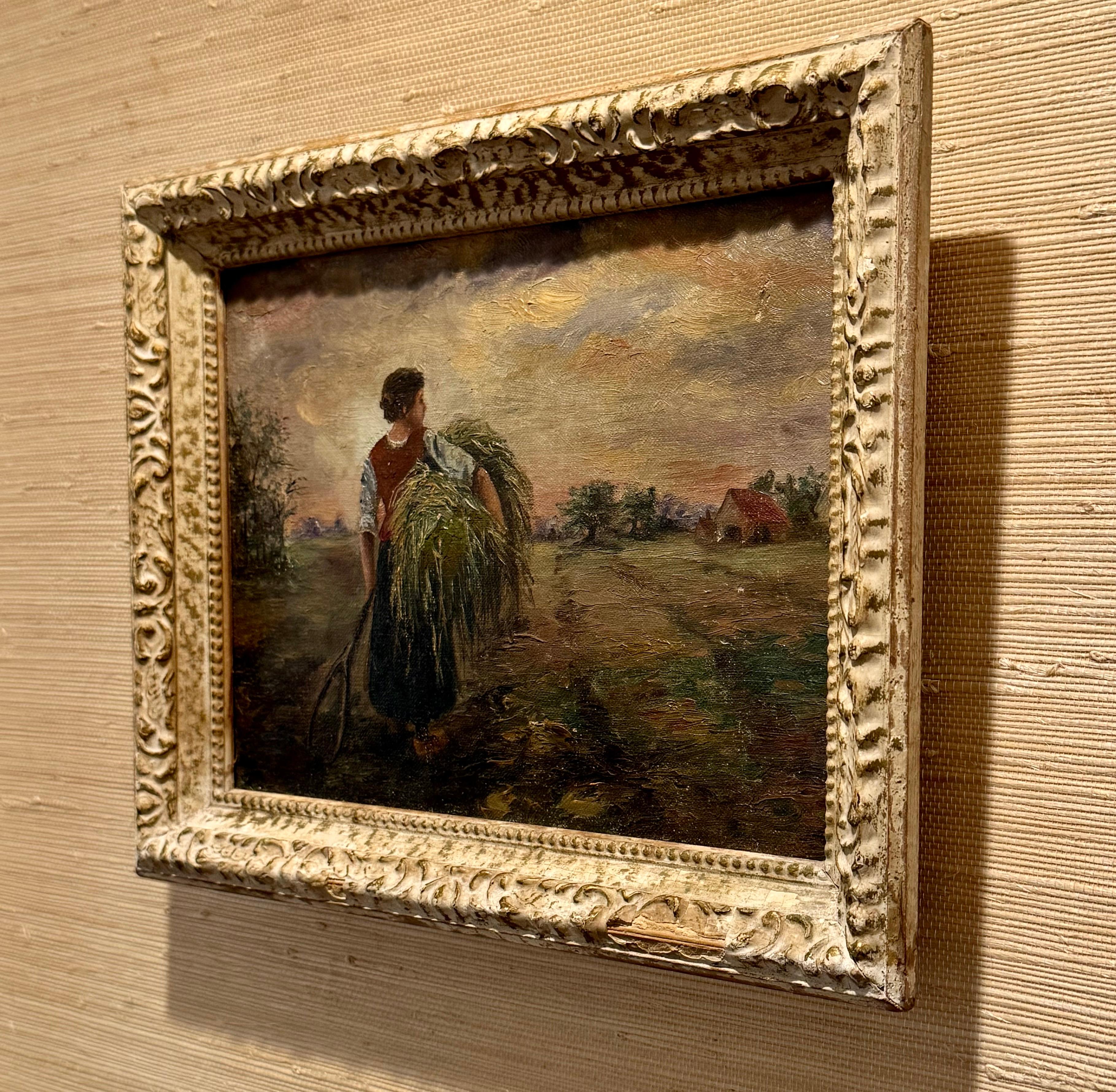 Fait main Paysage européen vintage avec meules de foin Peinture à l'huile sur carton encadrée en vente