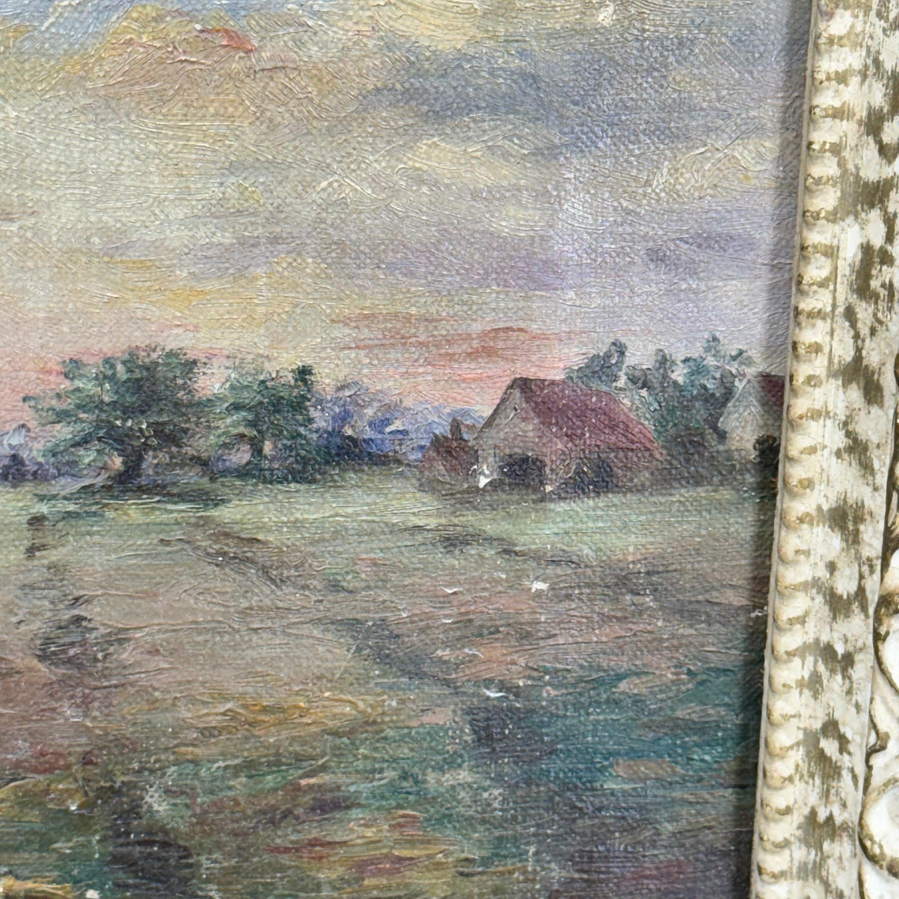 Paysage européen vintage avec meules de foin Peinture à l'huile sur carton encadrée Bon état - En vente à Haddonfield, NJ