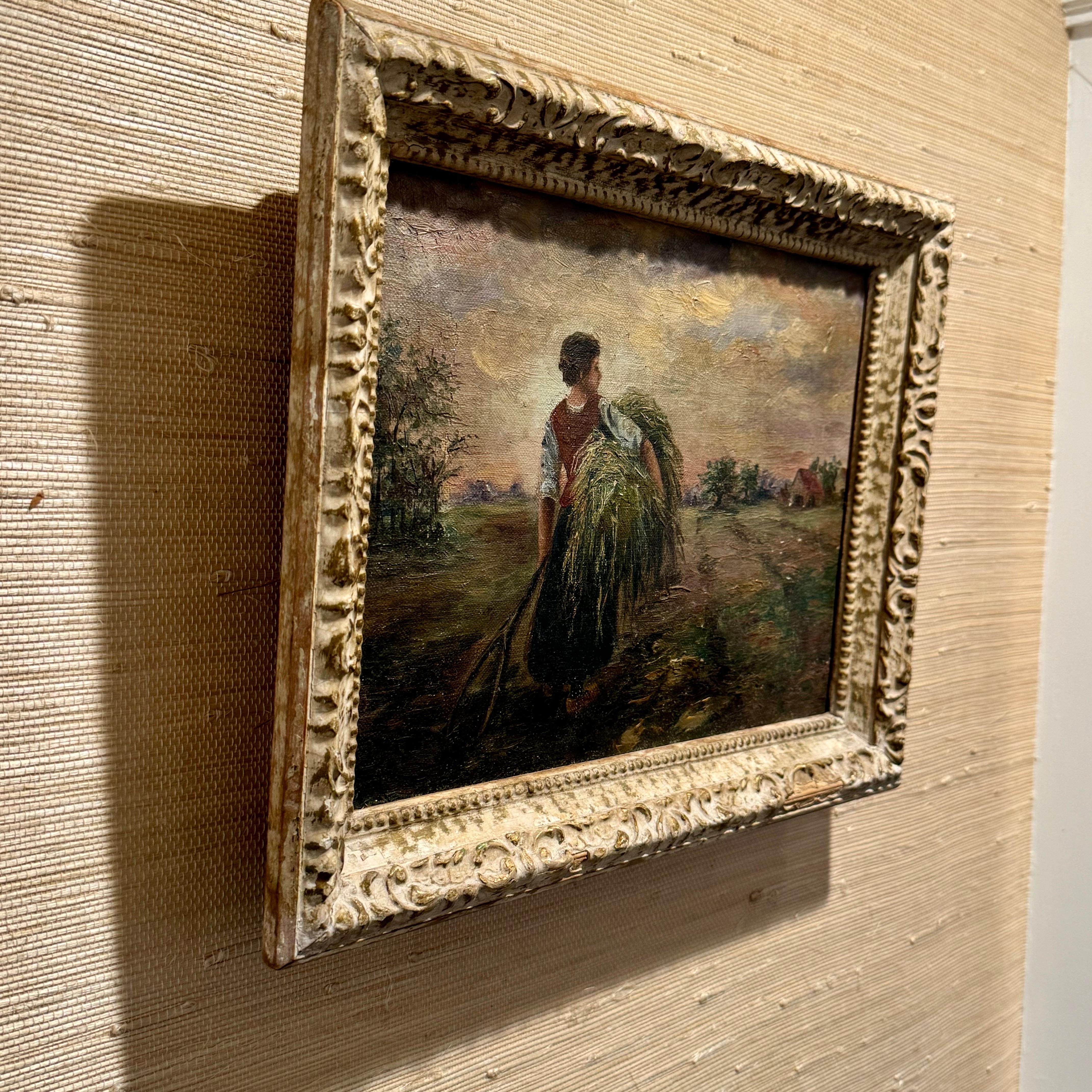 XIXe siècle Paysage européen vintage avec meules de foin Peinture à l'huile sur carton encadrée en vente