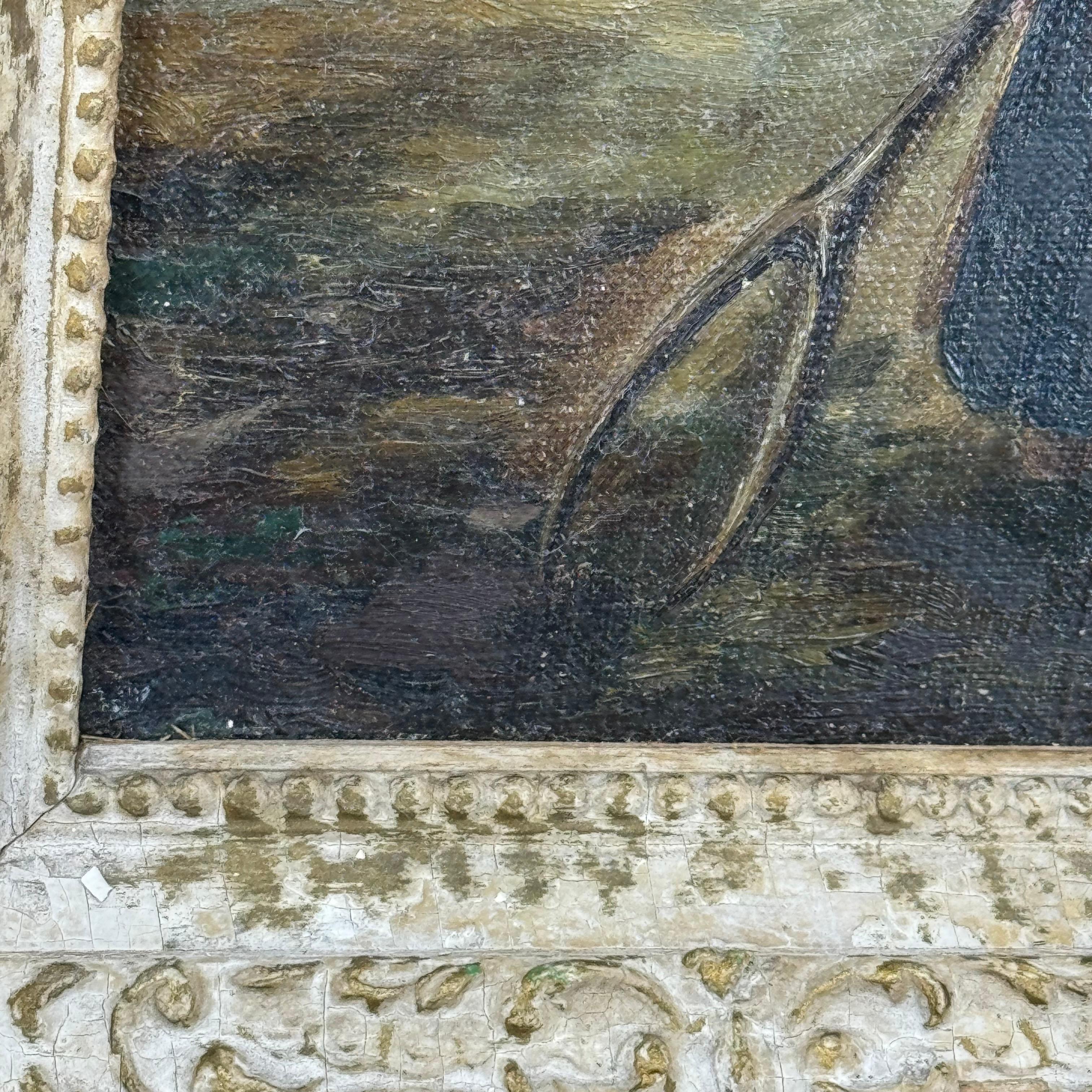 Bois Paysage européen vintage avec meules de foin Peinture à l'huile sur carton encadrée en vente
