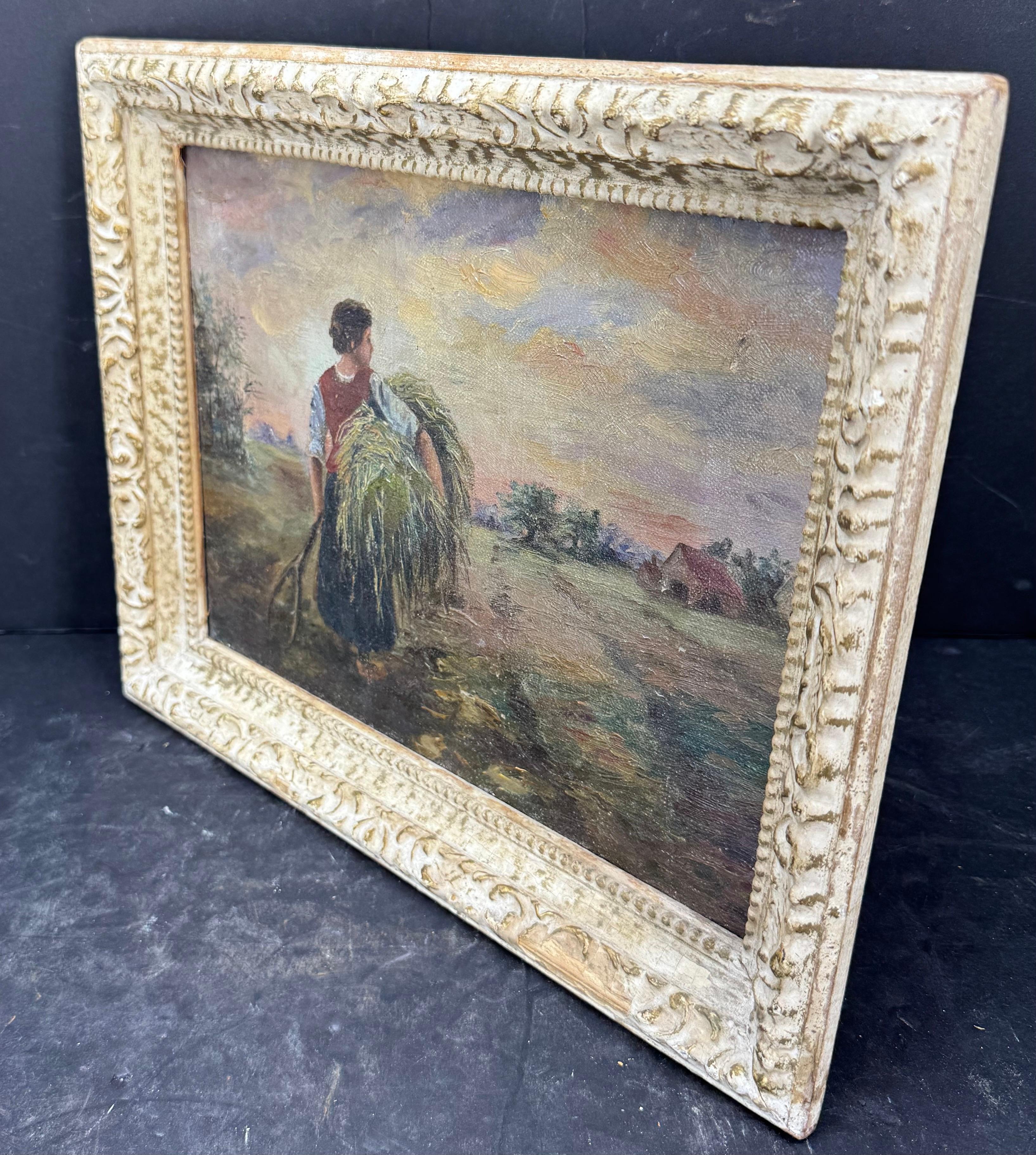 Paysage européen vintage avec meules de foin Peinture à l'huile sur carton encadrée en vente 1