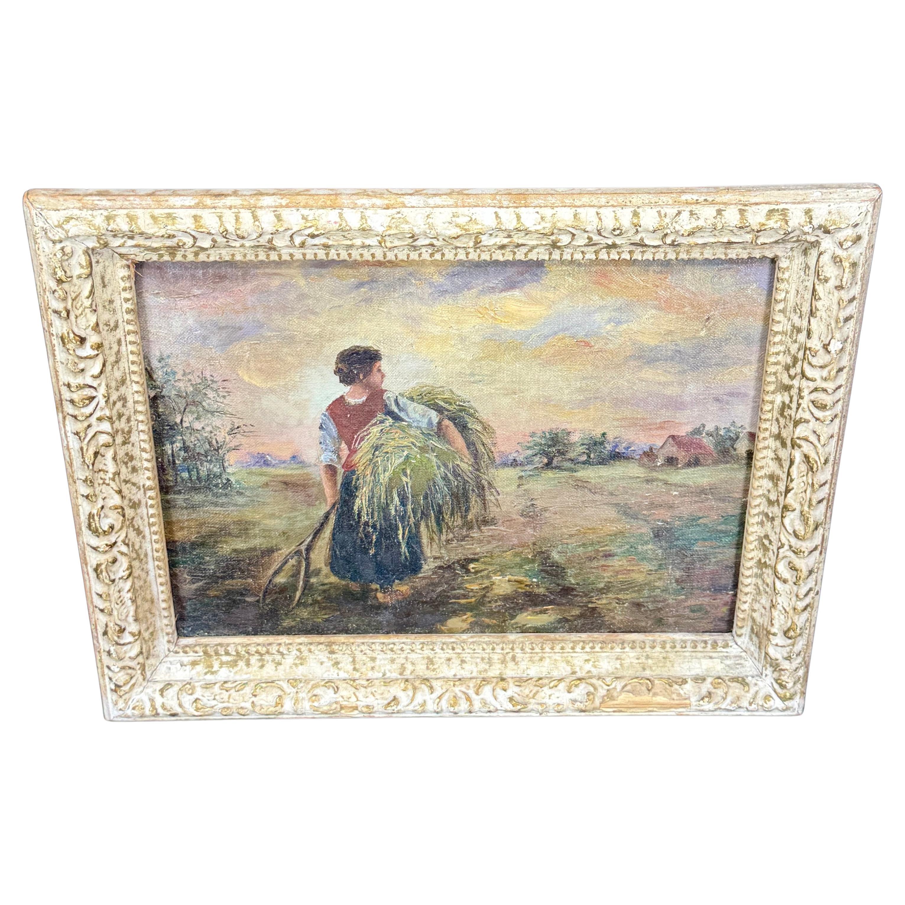 Vintage Paisaje europeo con pajares Pintura al óleo sobre tabla Enmarcada