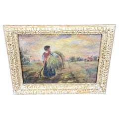 Vintage Paisaje europeo con pajares Pintura al óleo sobre tabla Enmarcada