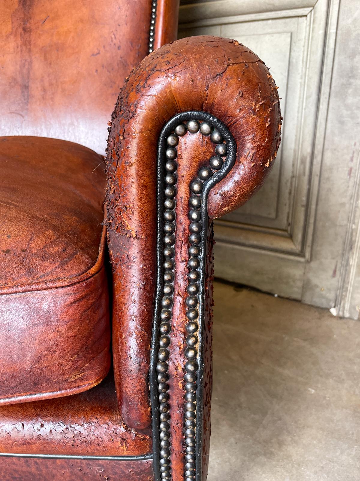 Vintage European Leather Club Chair with Brass Nailhead Detail 4