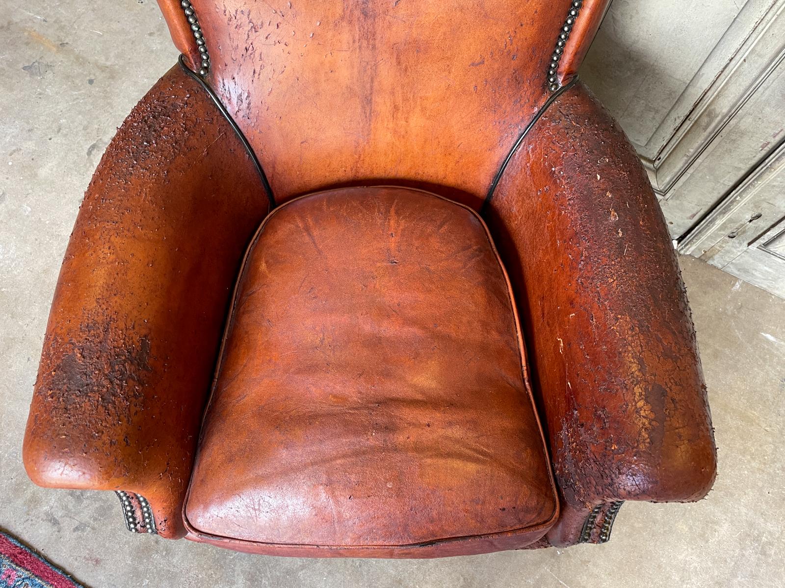 Vintage European Leather Club Chair with Brass Nailhead Detail 5