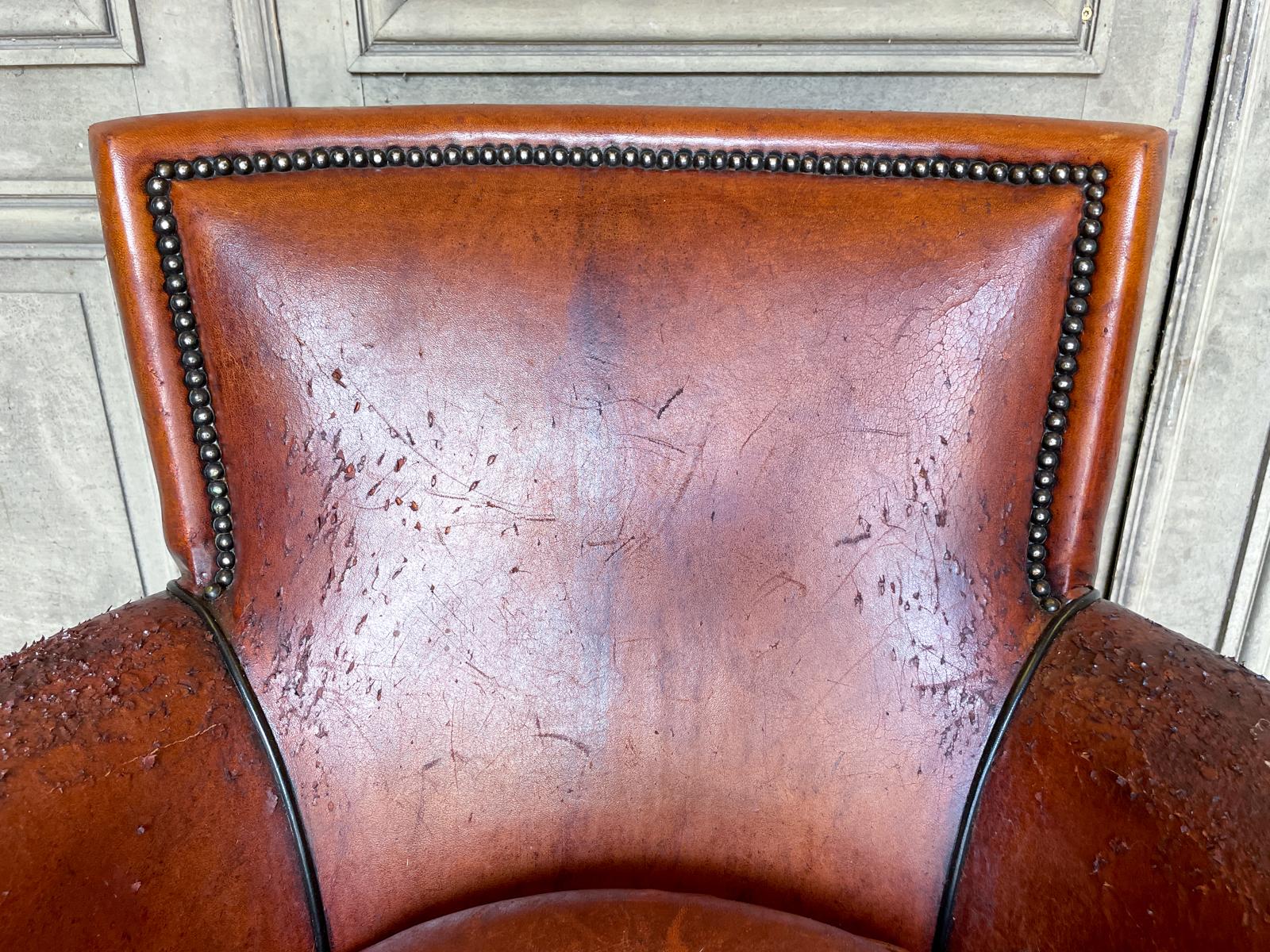 Vintage European Leather Club Chair with Brass Nailhead Detail 6