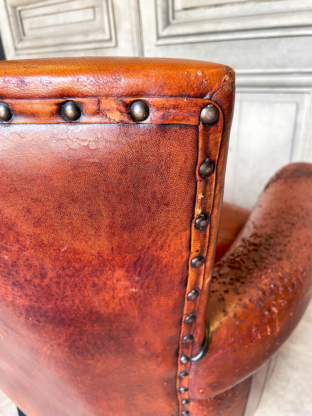 Vintage European Leather Club Chair with Brass Nailhead Detail 10