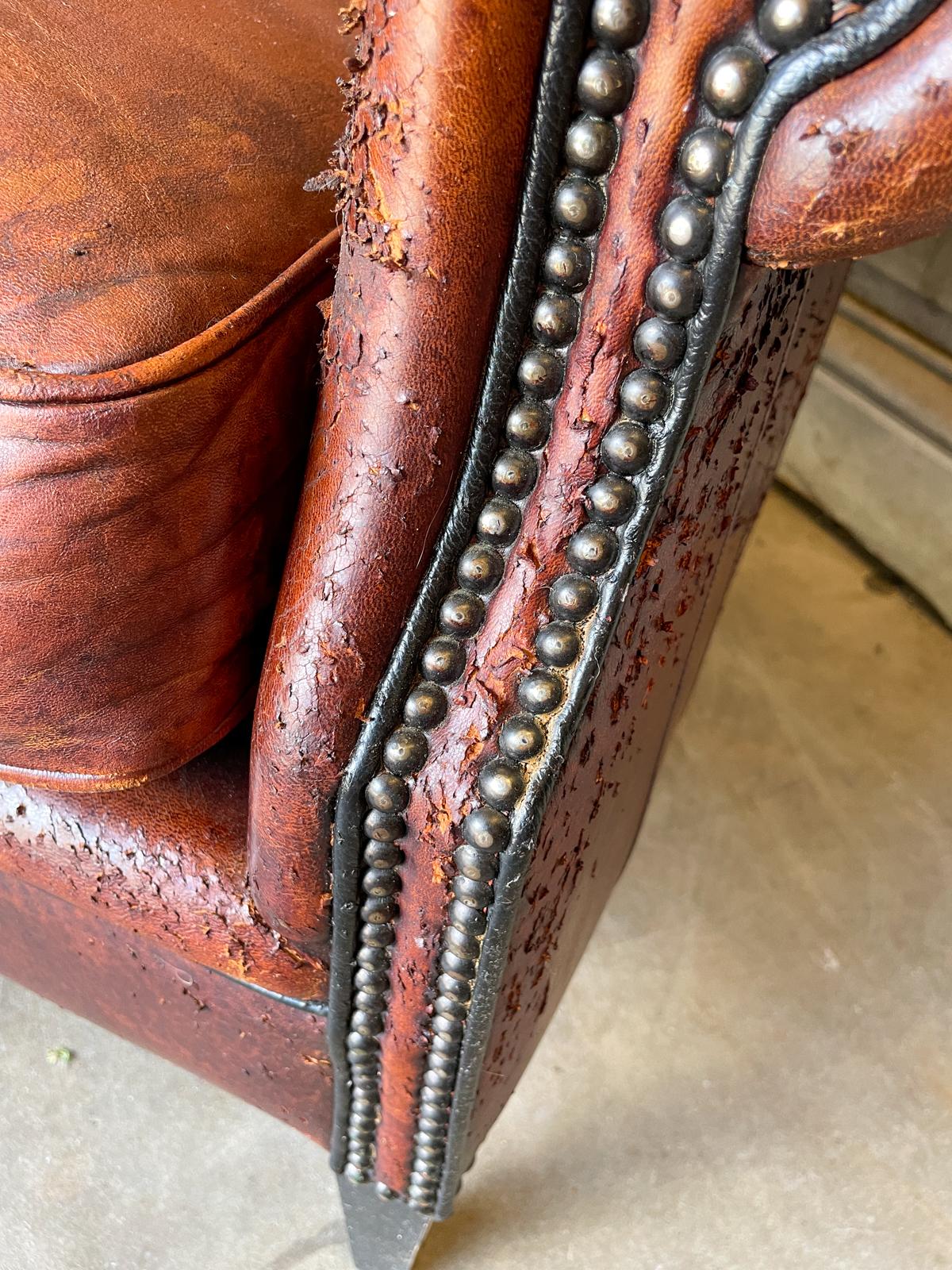 Vintage European Leather Club Chair with Brass Nailhead Detail 14