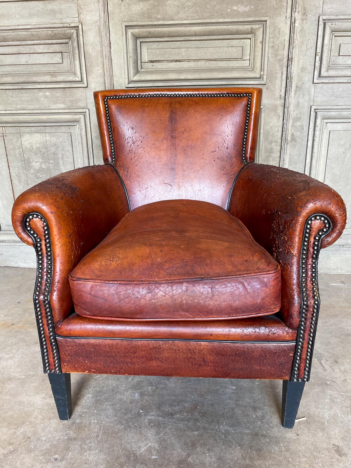 Mid-Century Modern Vintage European Leather Club Chair with Brass Nailhead Detail