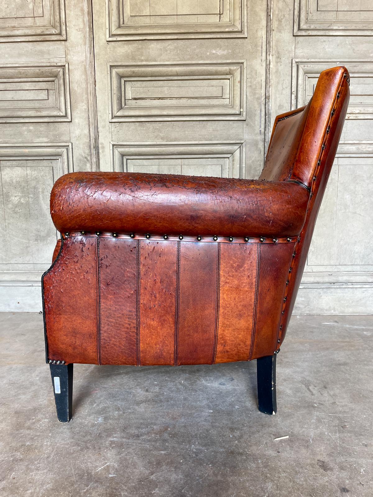 Dutch Vintage European Leather Club Chair with Brass Nailhead Detail