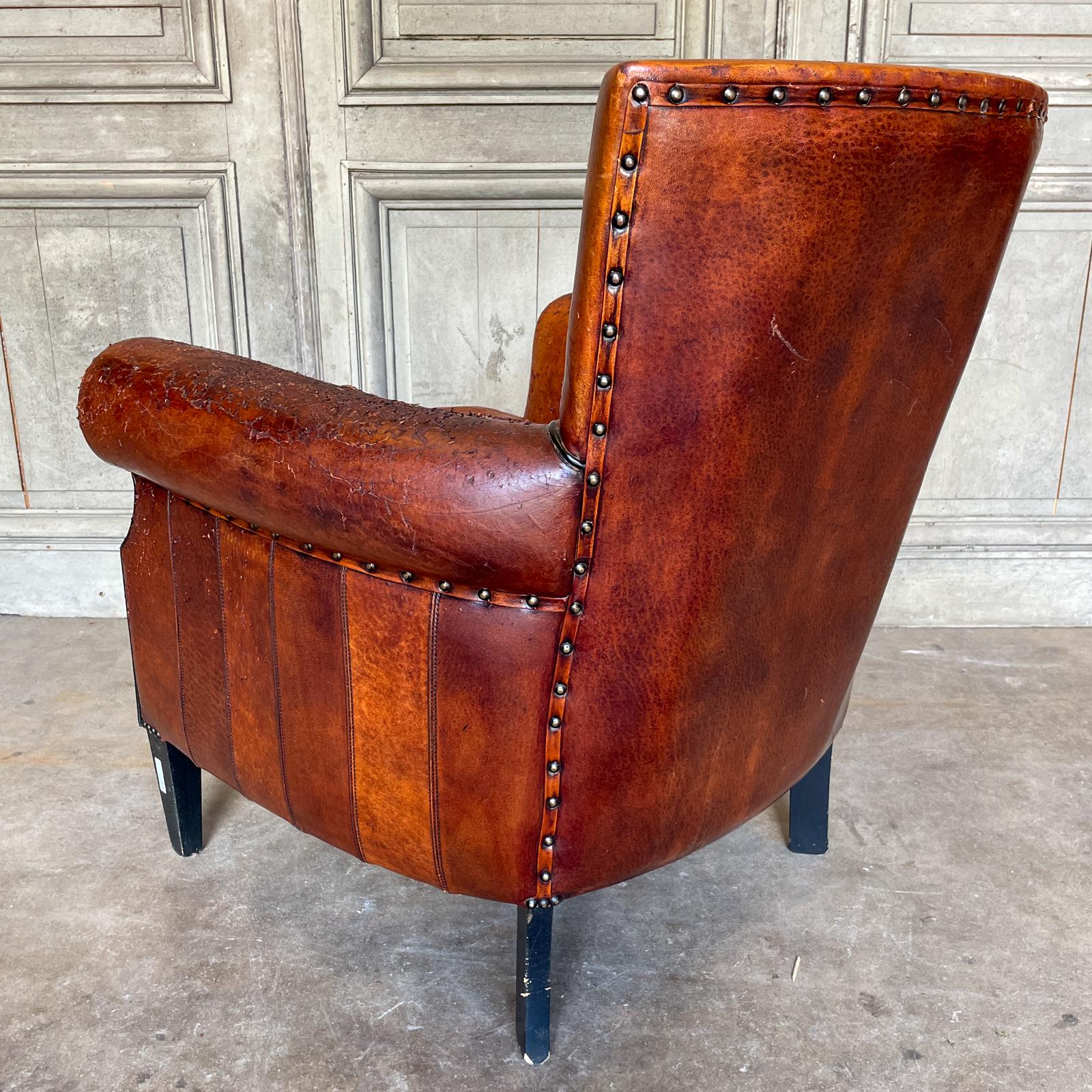 Vintage European Leather Club Chair with Brass Nailhead Detail In Good Condition In Houston, TX