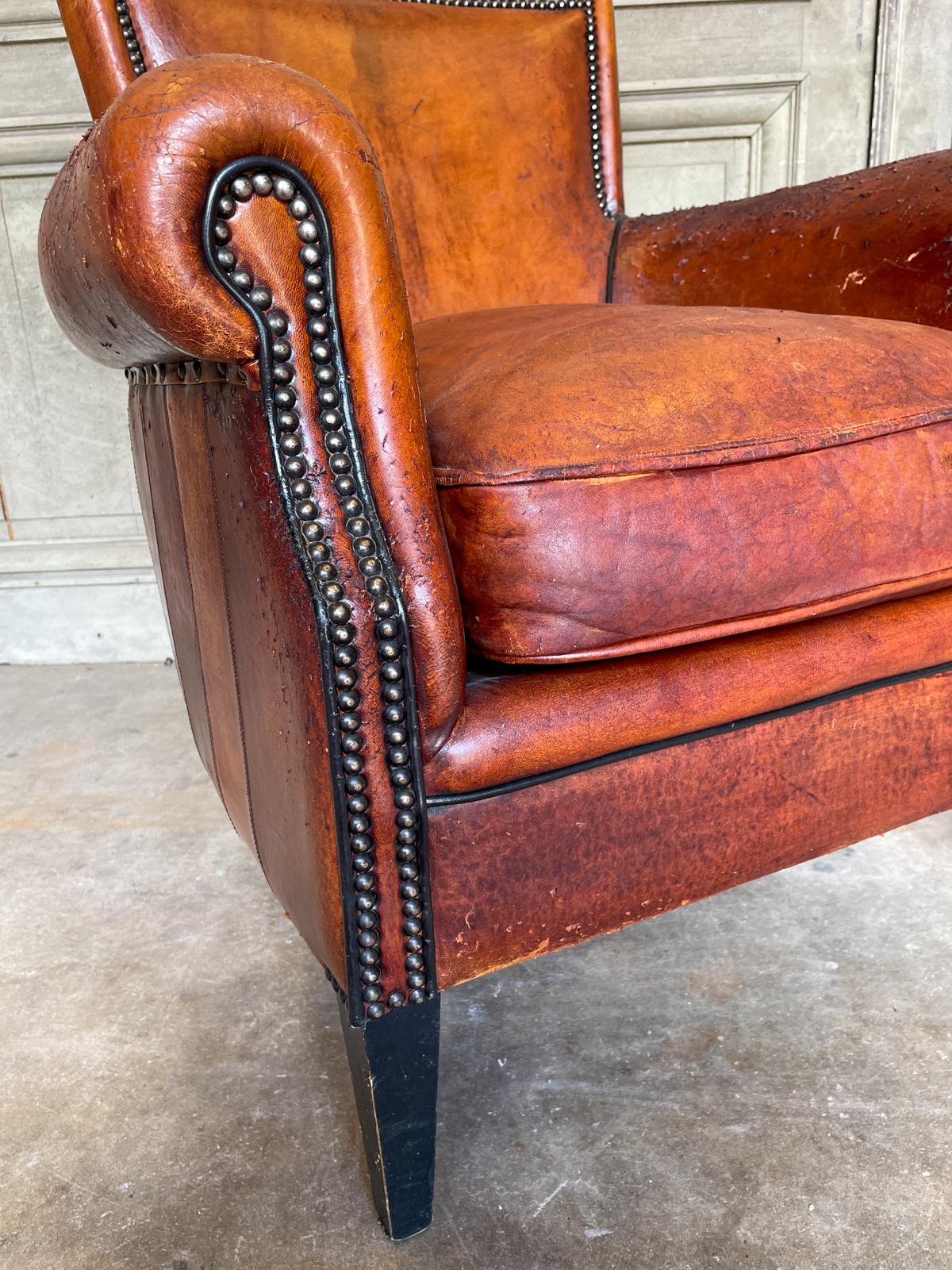 Vintage European Leather Club Chair with Brass Nailhead Detail 3