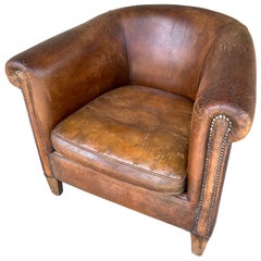 Vintage European Leather Tub Chair with Brass Nailhead Detail