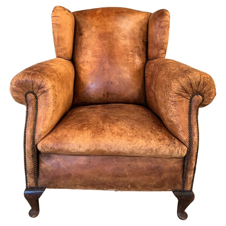 Vintage European Leather Wingback Chair For Sale at 1stDibs