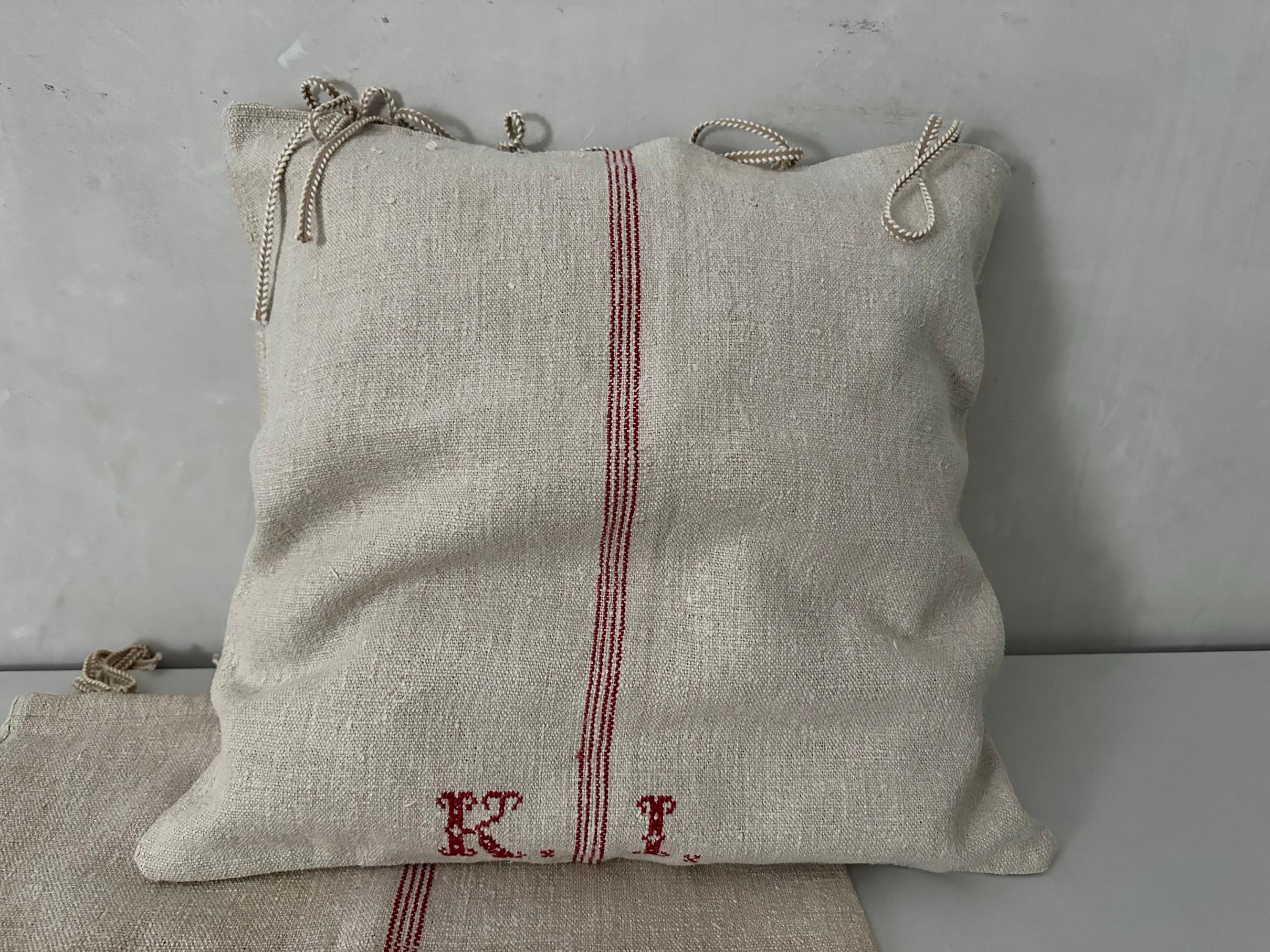 19th Century Vintage European Linen Grain Sack Pillow Cases For Sale