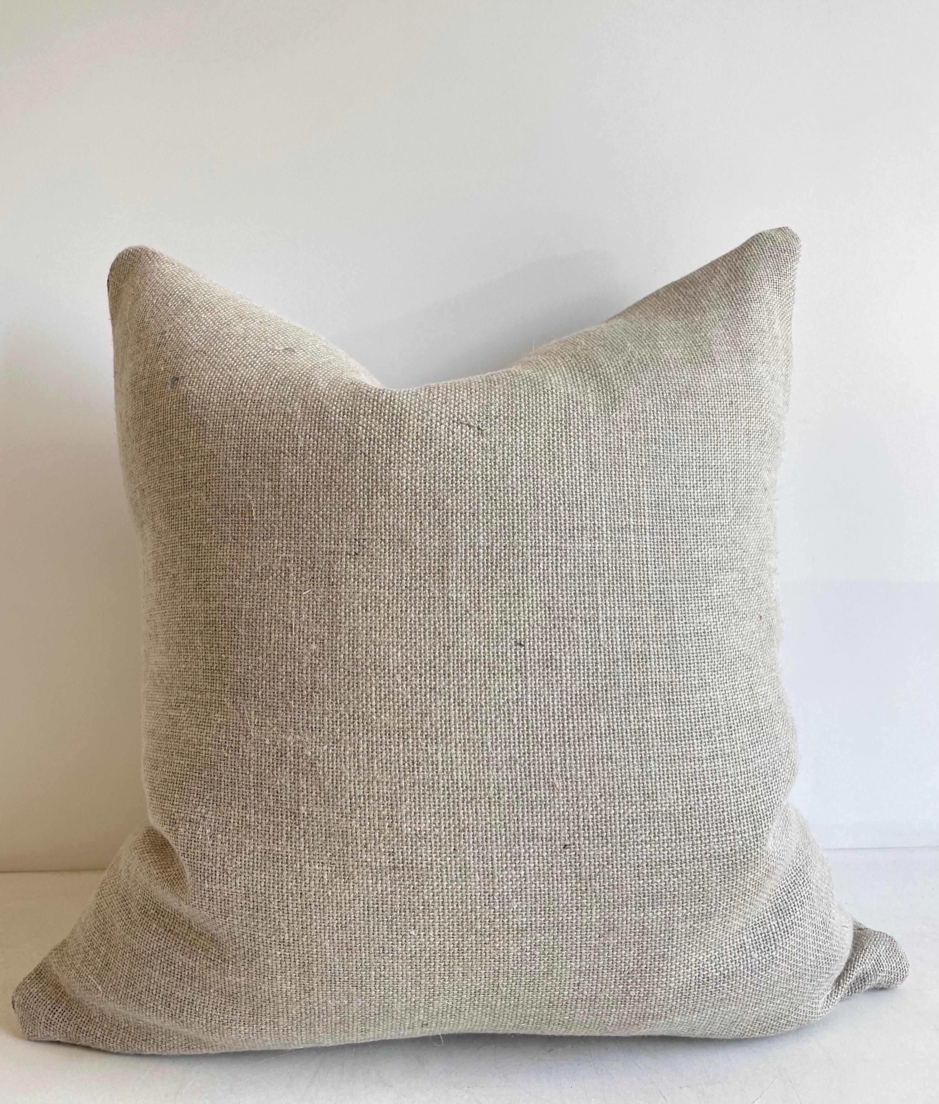 Vintage European Linen Grain Sack Pillow with Insert For Sale 2