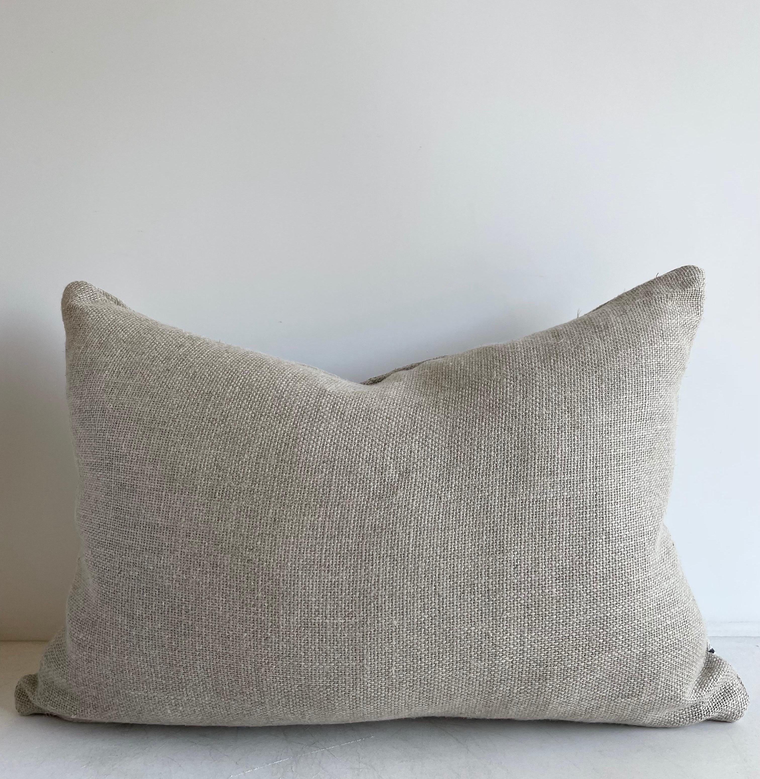 Vintage European Linen Grain Sack Pillow with Insert For Sale 3