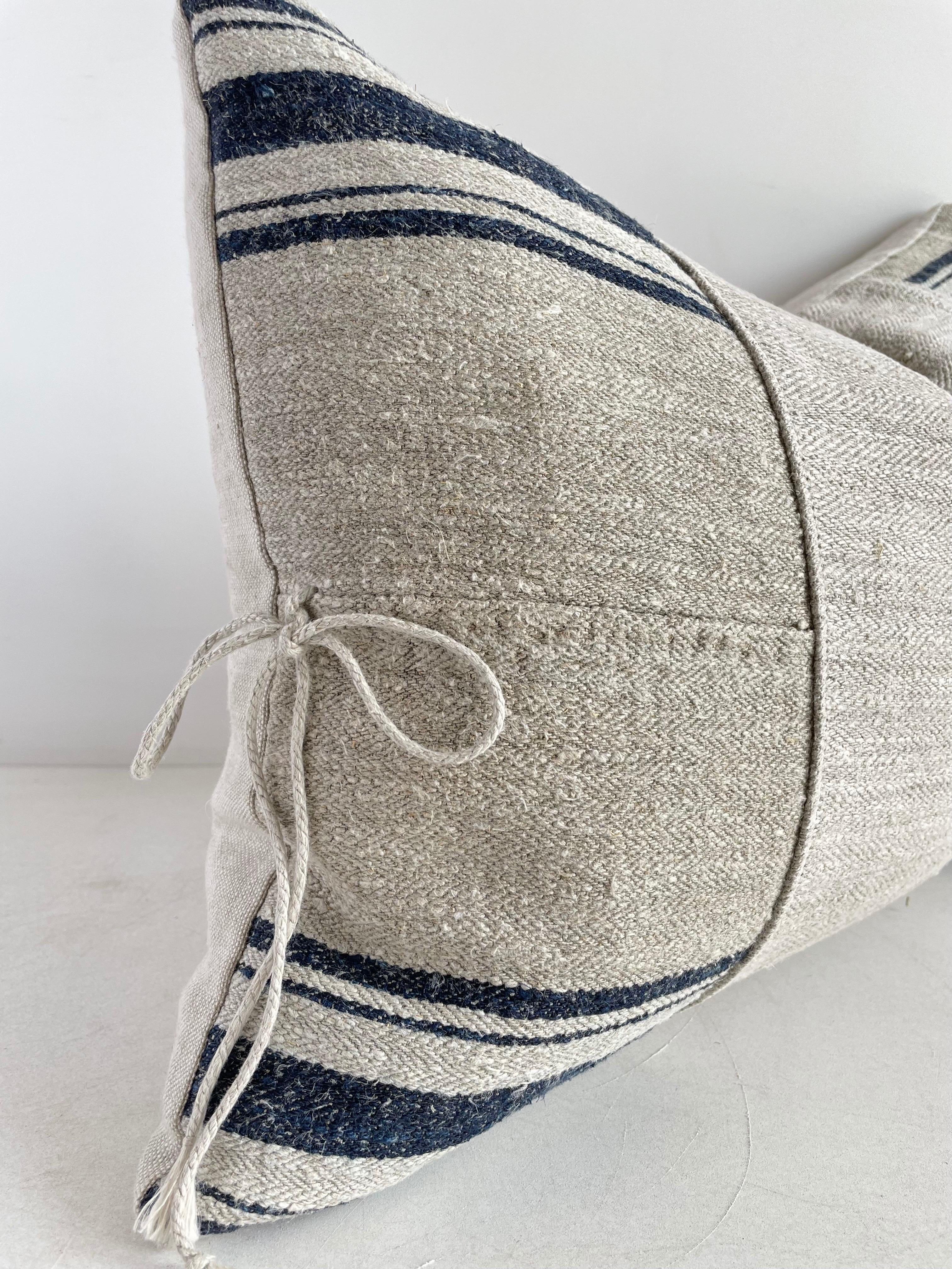 Vintage European Linen Grain Sack Pillow with Insert For Sale 3