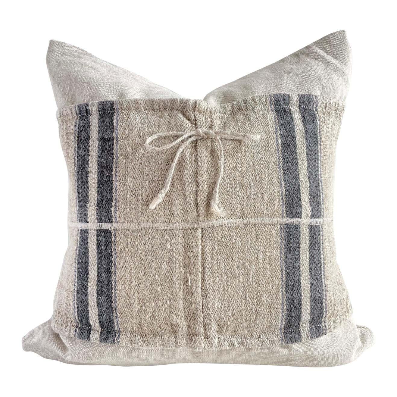 Vintage European Linen Grain Sack Pillow with Insert For Sale 5