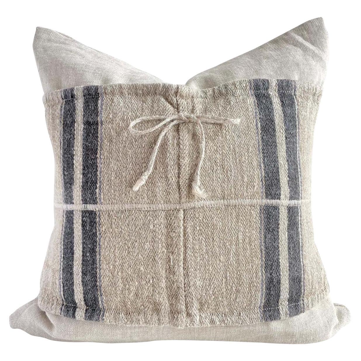 Vintage European Linen Grain Sack Pillow with Insert For Sale