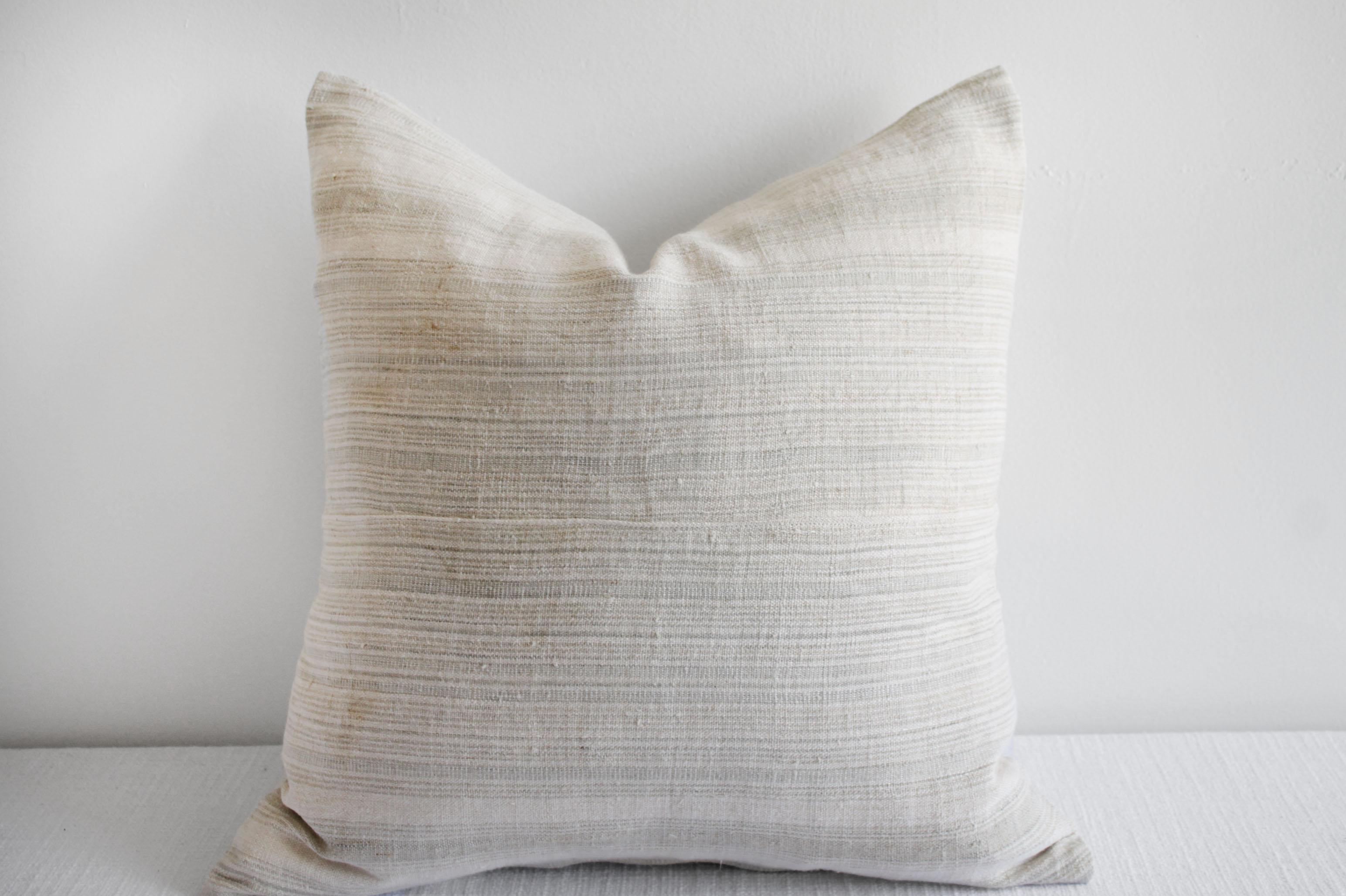 Vintage European stripe woven pillow, the backing is 100% Irish linen in natural linen. Our pillows are constructed with vintage one of a kind textiles from around the globe. Carefully constructed with the finest linens, with hidden zipper closure,