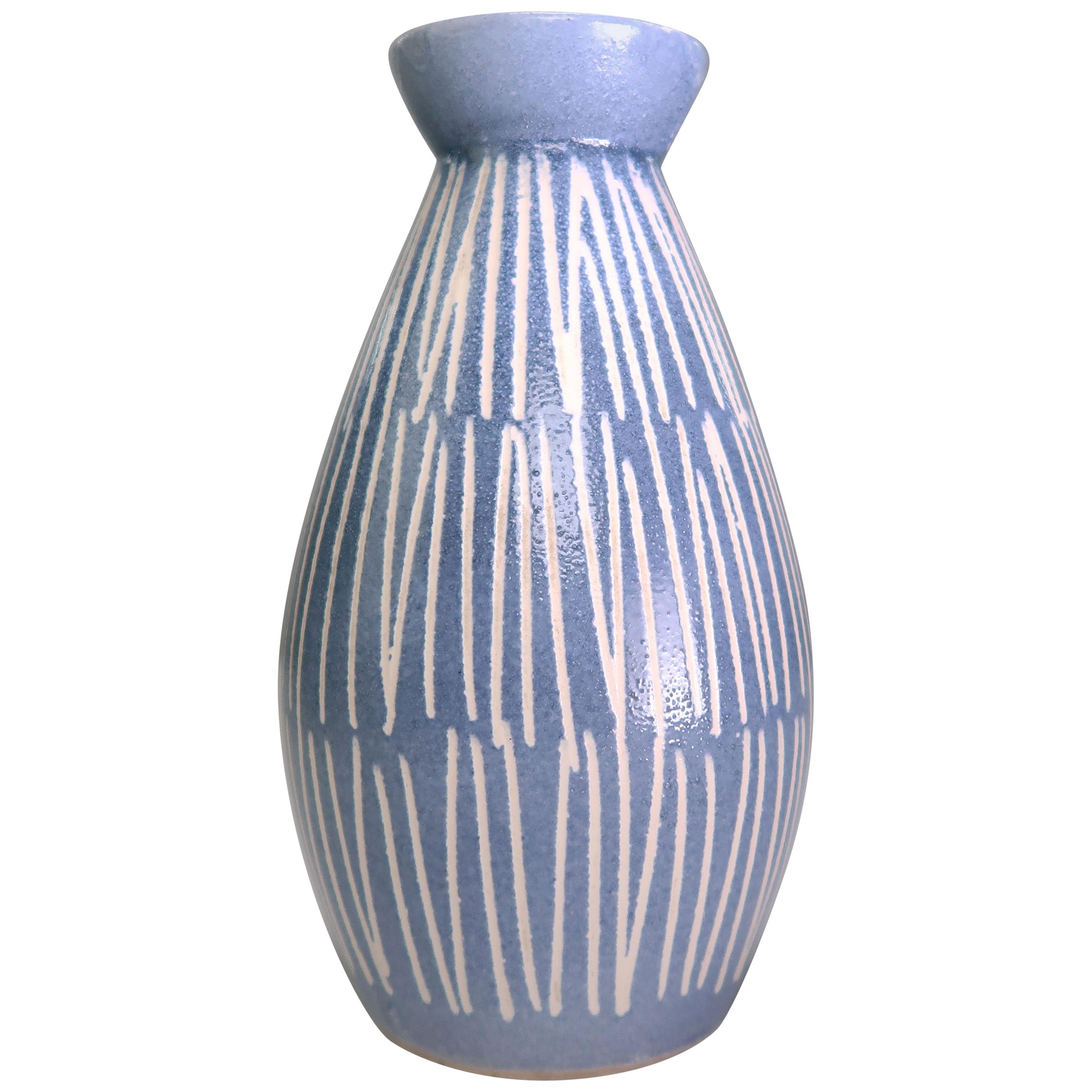 Vintage Scandinavian Light Blue, White Striped Ceramic Vase, 1960s
