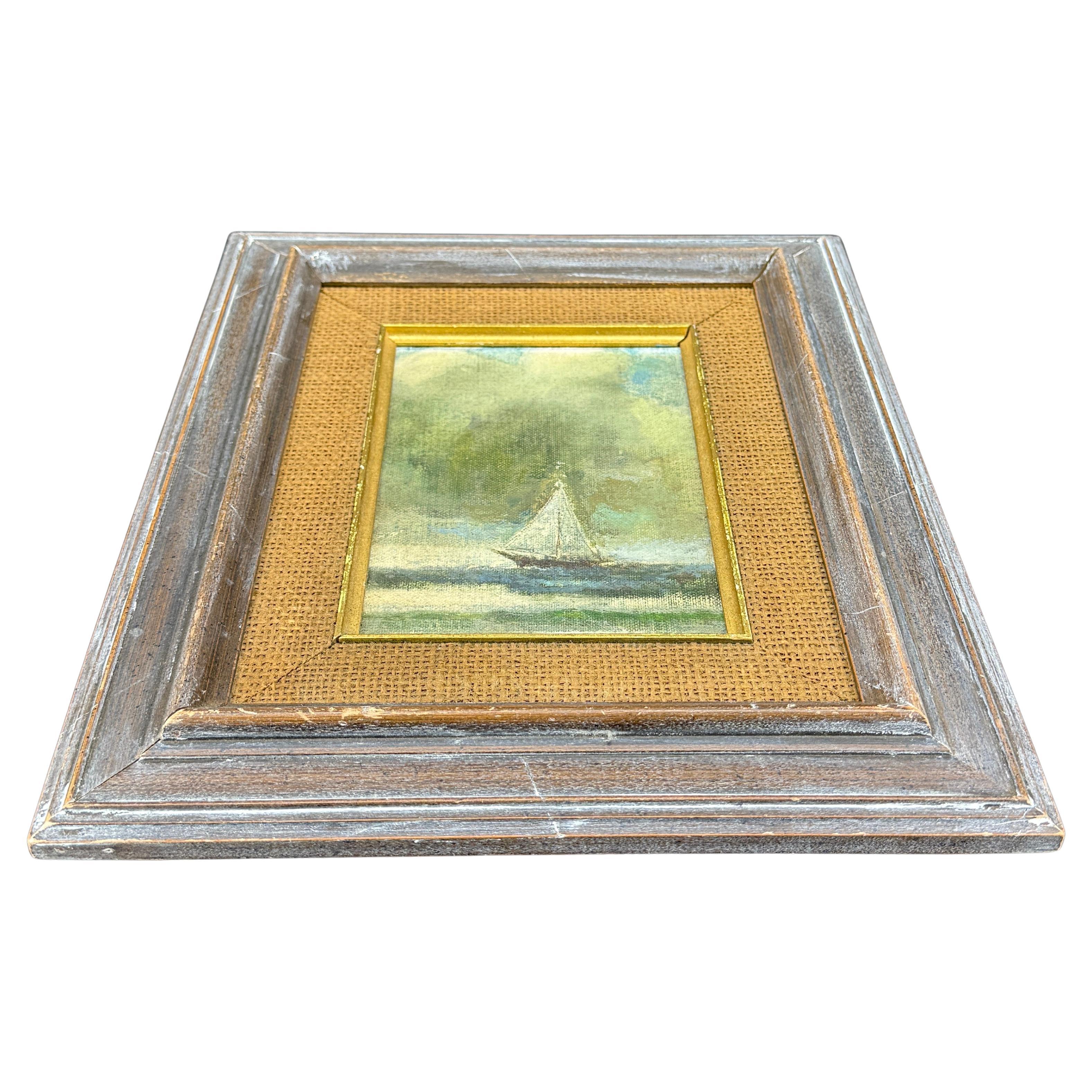 Moderno Pittura a olio su tavola europea d'epoca con barca a vela in acqua, firmata in vendita