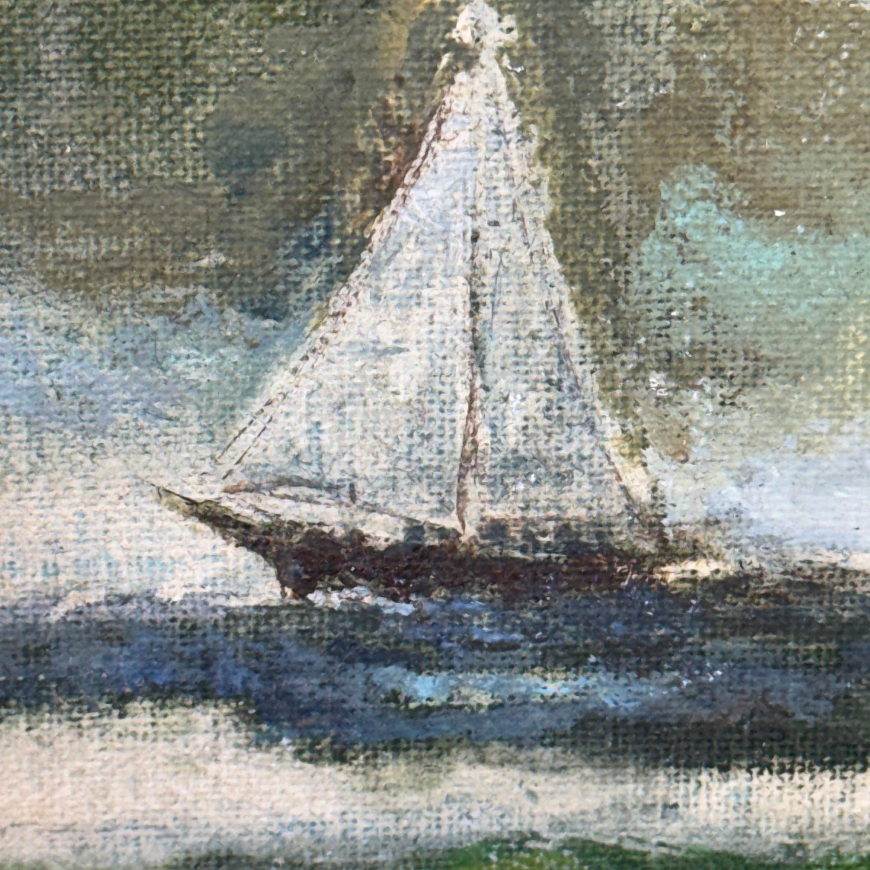 Pittura a olio su tavola europea d'epoca con barca a vela in acqua, firmata In condizioni buone in vendita a Haddonfield, NJ