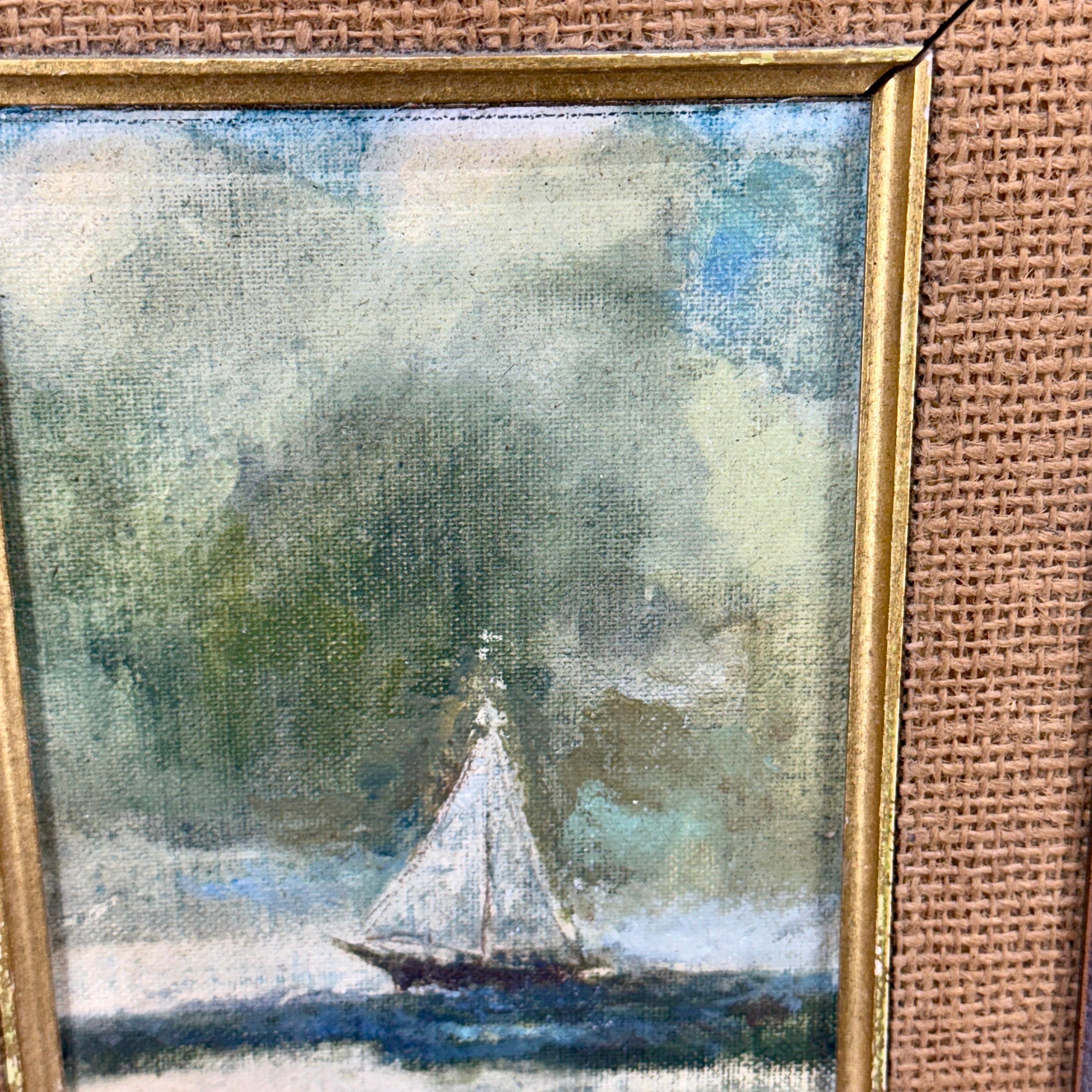 Pittura a olio su tavola europea d'epoca con barca a vela in acqua, firmata in vendita 1