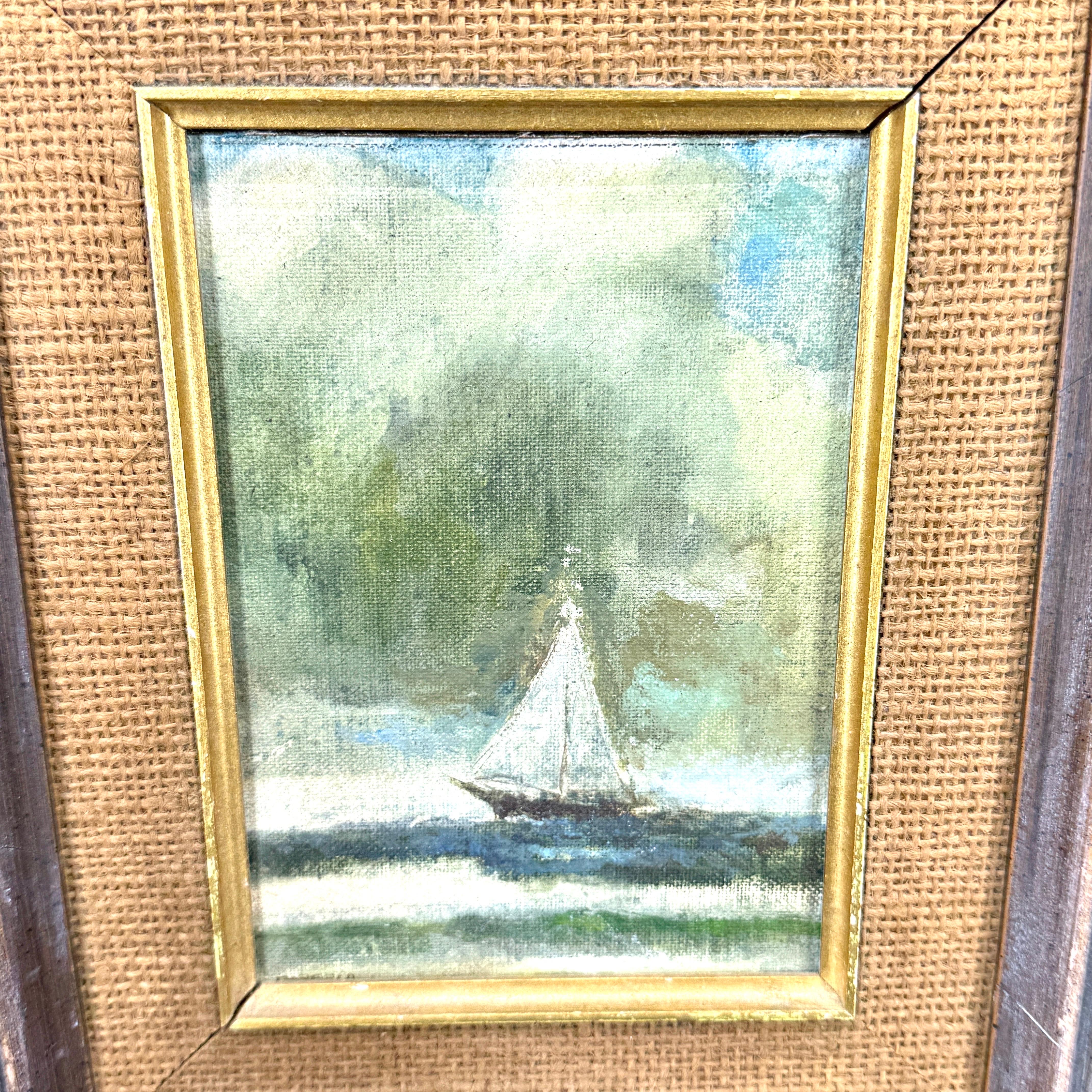 Pittura a olio su tavola europea d'epoca con barca a vela in acqua, firmata in vendita 2