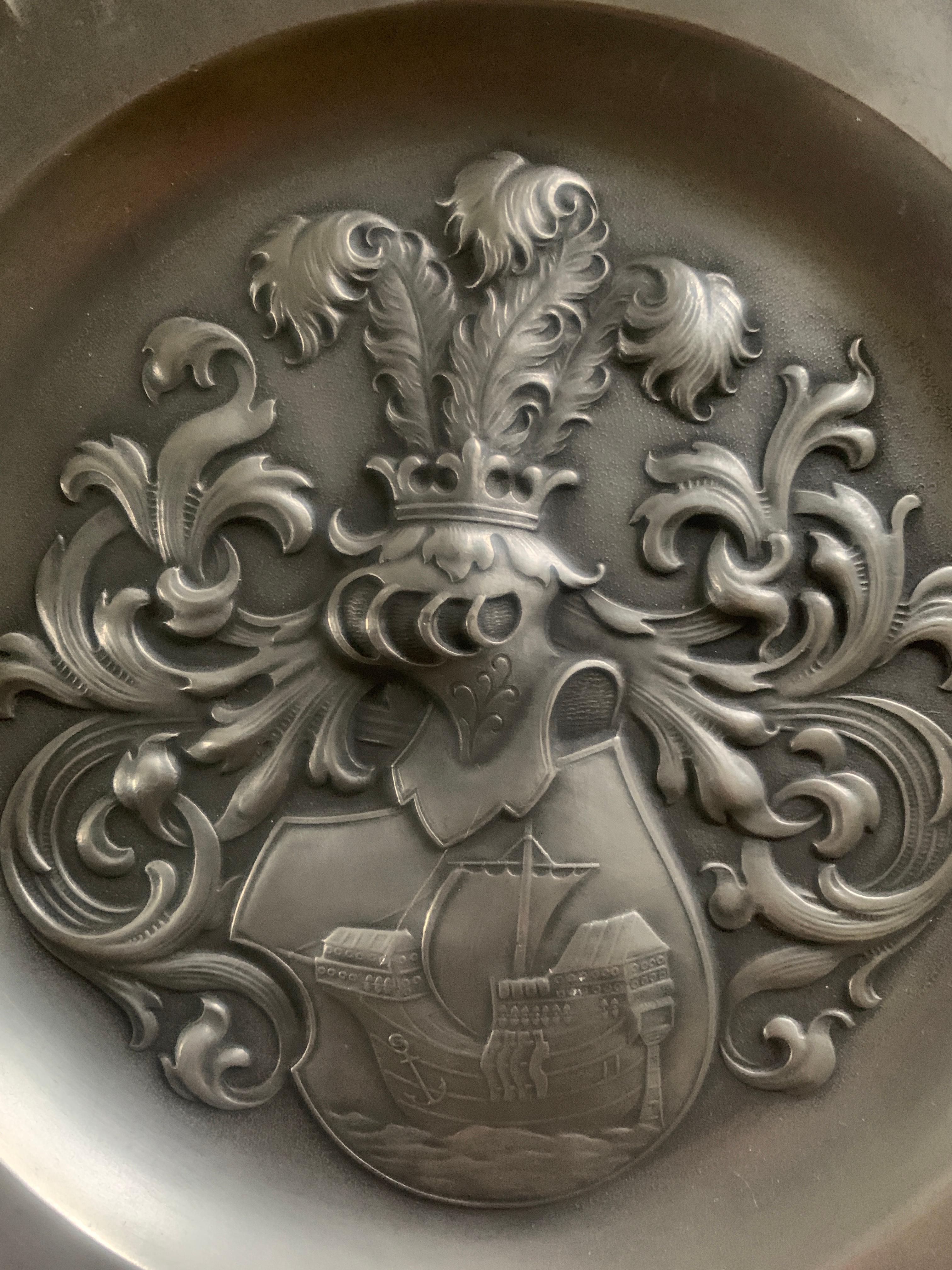 Rustic Vintage European Pewter Wall Plate with Coat of Arms For Sale