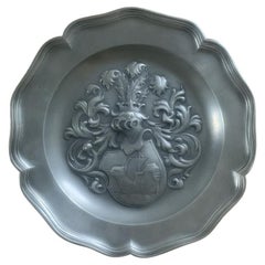 Vintage European Pewter Wall Plate with Coat of Arms