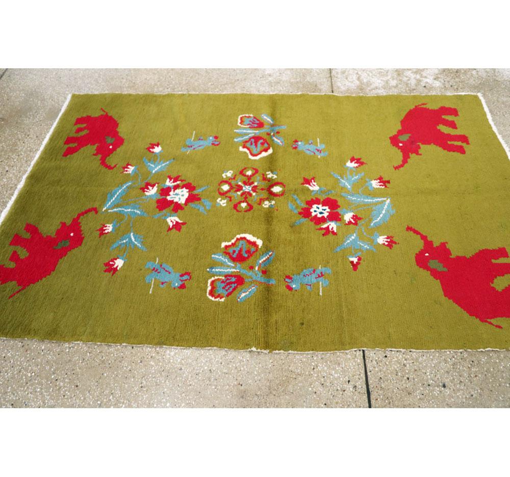 Midcentury Swedish Handmade Green Pictorial Rug With Elephants and Teddy Bears For Sale 2