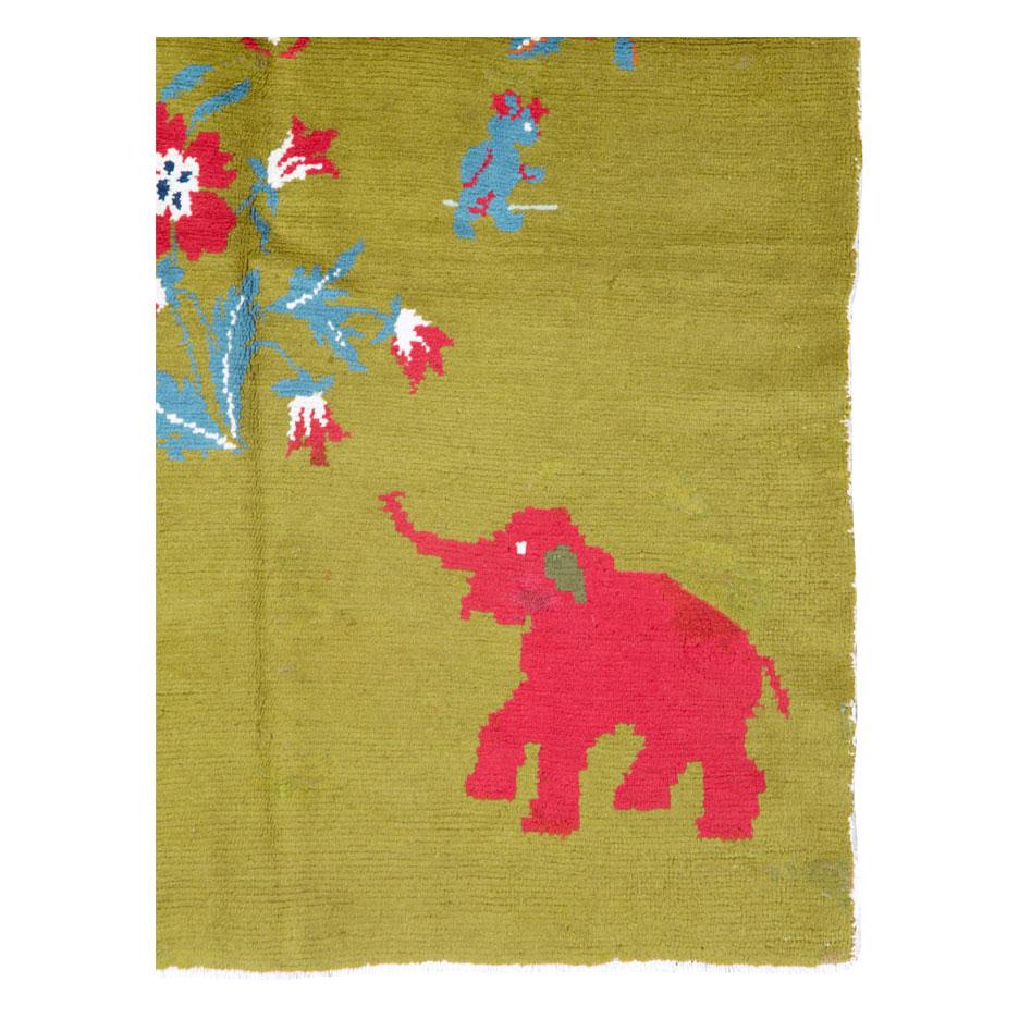 Modern Midcentury Swedish Handmade Green Pictorial Rug With Elephants and Teddy Bears For Sale