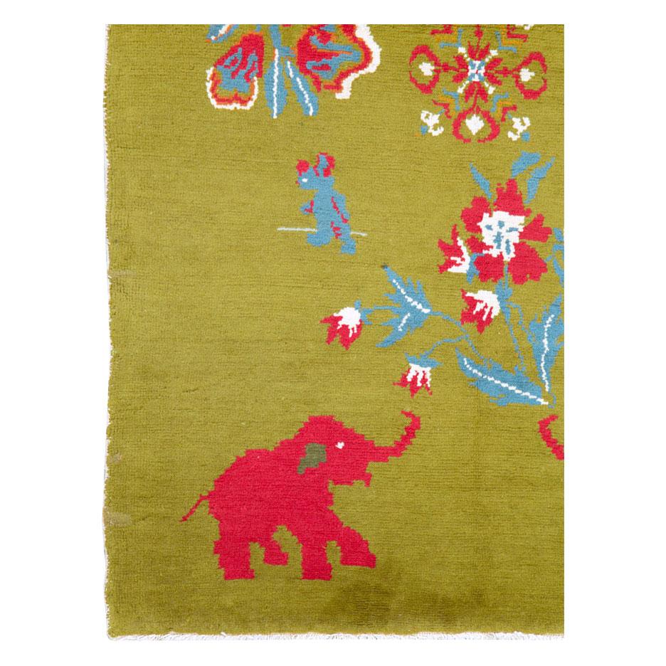 Hand-Knotted Midcentury Swedish Handmade Green Pictorial Rug With Elephants and Teddy Bears For Sale