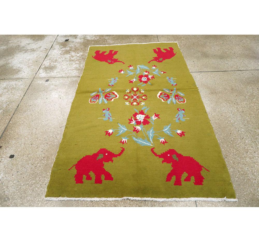 Midcentury Swedish Handmade Green Pictorial Rug With Elephants and Teddy Bears In Good Condition For Sale In New York, NY