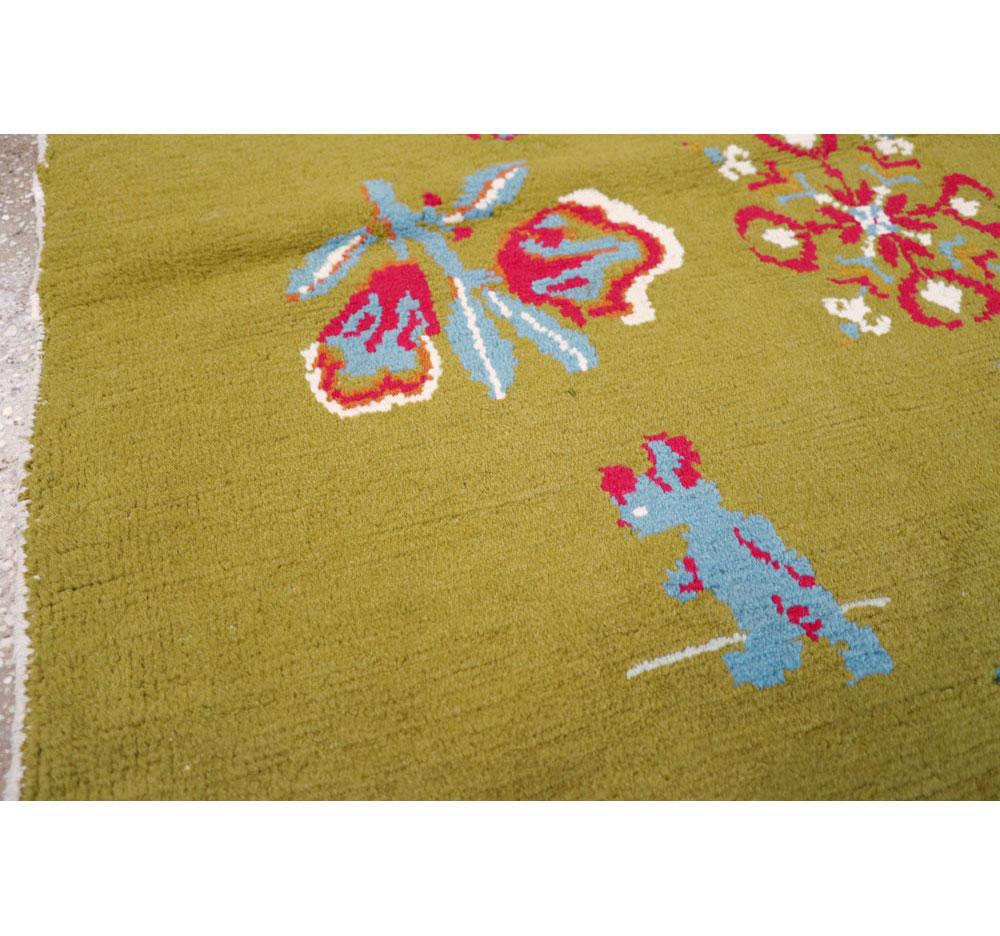 20th Century Midcentury Swedish Handmade Green Pictorial Rug With Elephants and Teddy Bears For Sale