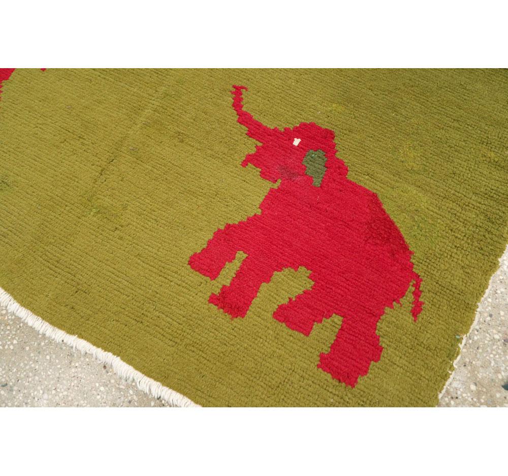 Wool Midcentury Swedish Handmade Green Pictorial Rug With Elephants and Teddy Bears For Sale