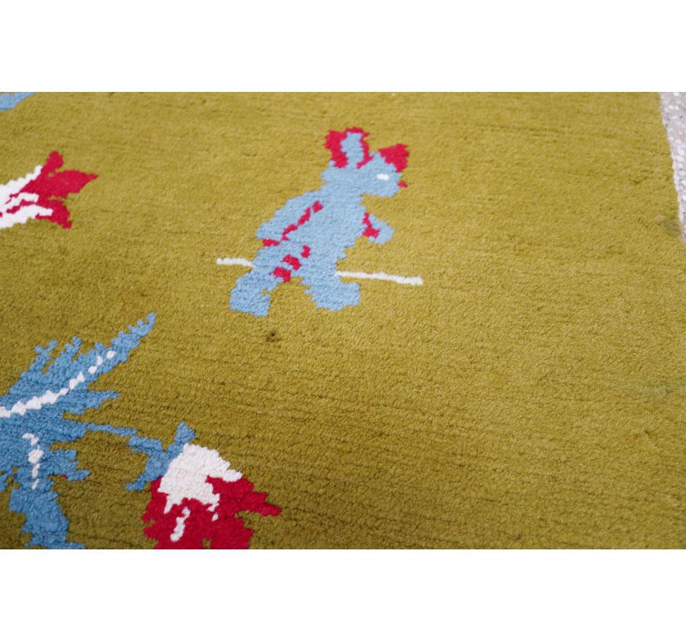 Midcentury Swedish Handmade Green Pictorial Rug With Elephants and Teddy Bears For Sale 1