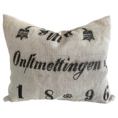 Used European Printed Grainsack Linen Pillow with Down Feather Insert
