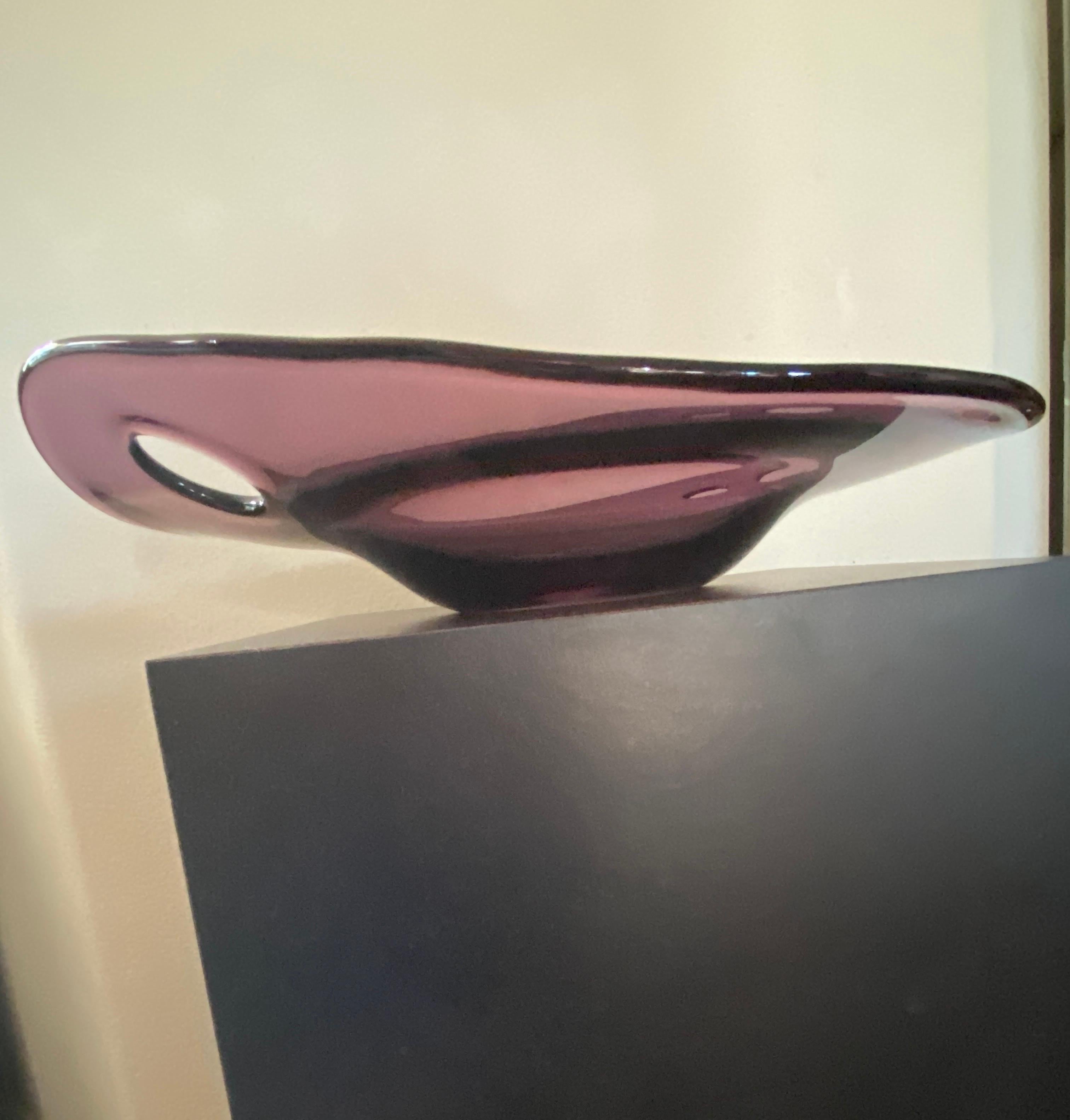 Organic Modern Vintage European Purple Art Glass Modern Bowl Sculpture w/ Holes For Sale