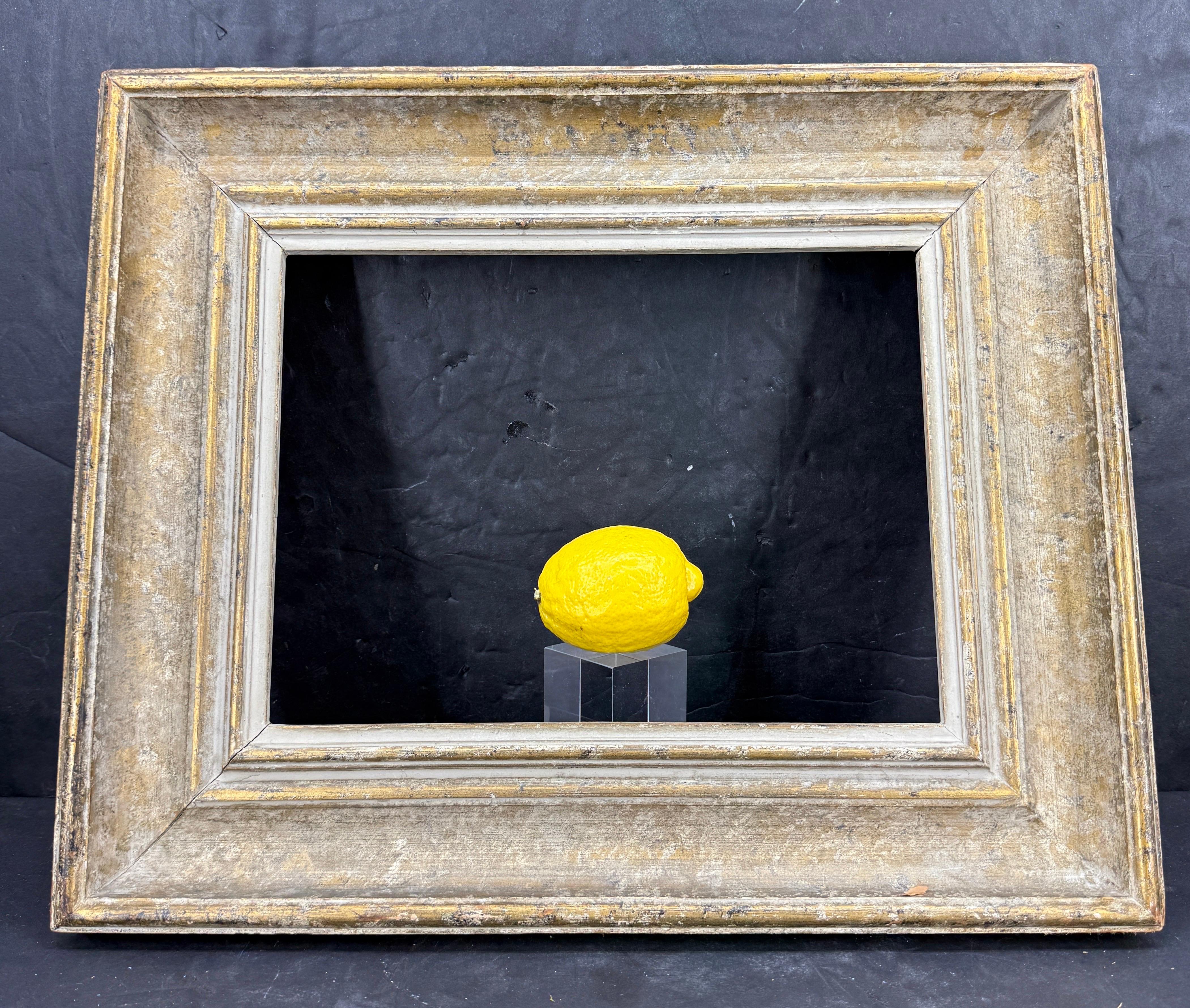 Très charmant cadre d'art peint et sculpté en or doré trouvé dans un marché parisien. Pièce parfaite pour une peinture à l'huile ou une aquarelle particulière. Le cadre a une patine fantastique, y compris la doublure peinte. 
Dimensions intérieures