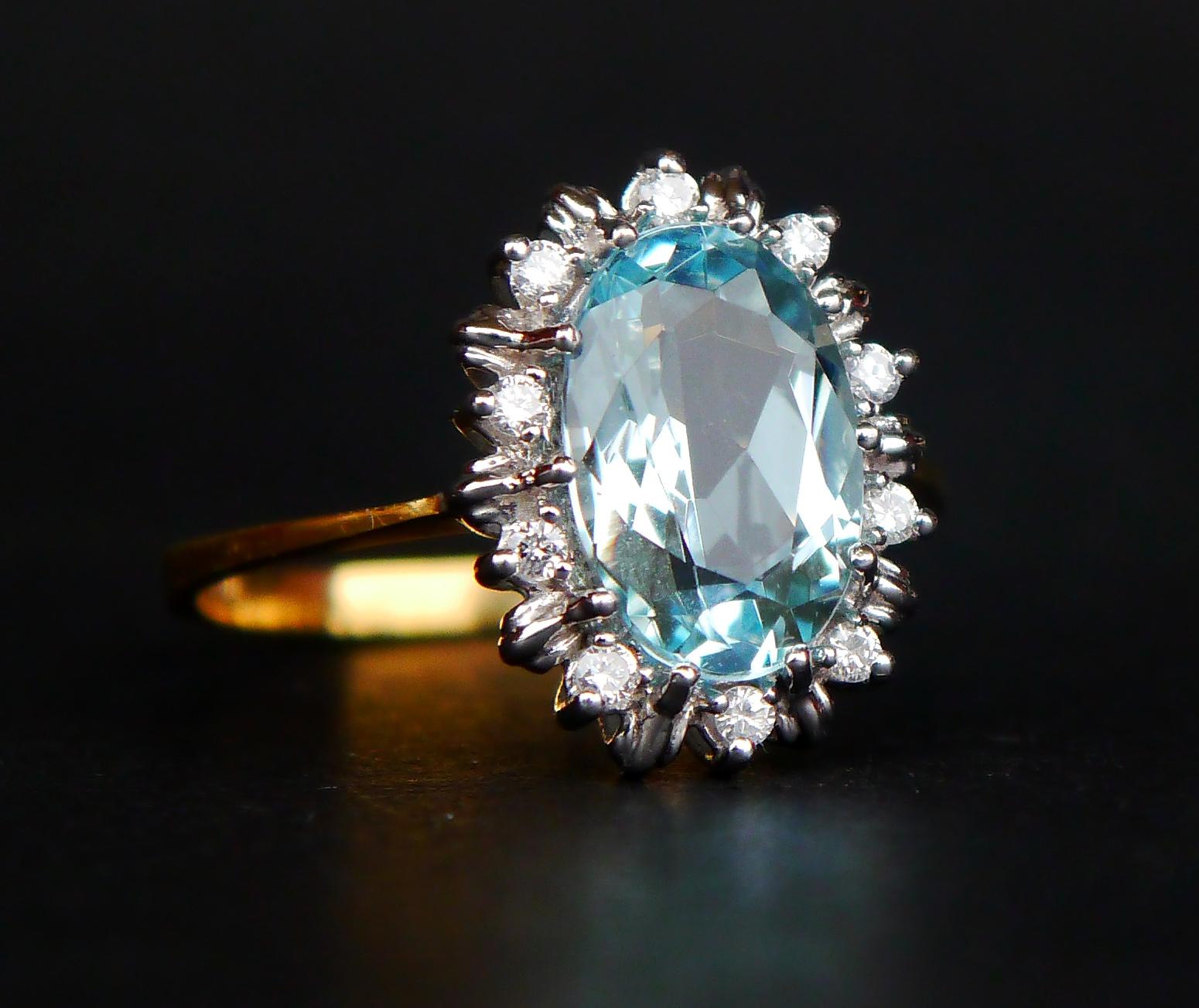 Retro Vintage European Ring 3ct Aquamarine Diamonds solid 18K Gold Ø US 9.25 US /4.5gr For Sale
