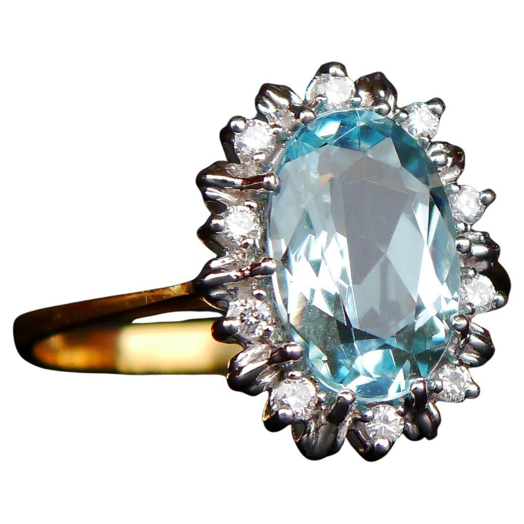 Bague européenne vintage 3ct Aigue-marine Diamants or massif 18K Ø US 9.25 US /4.5gr