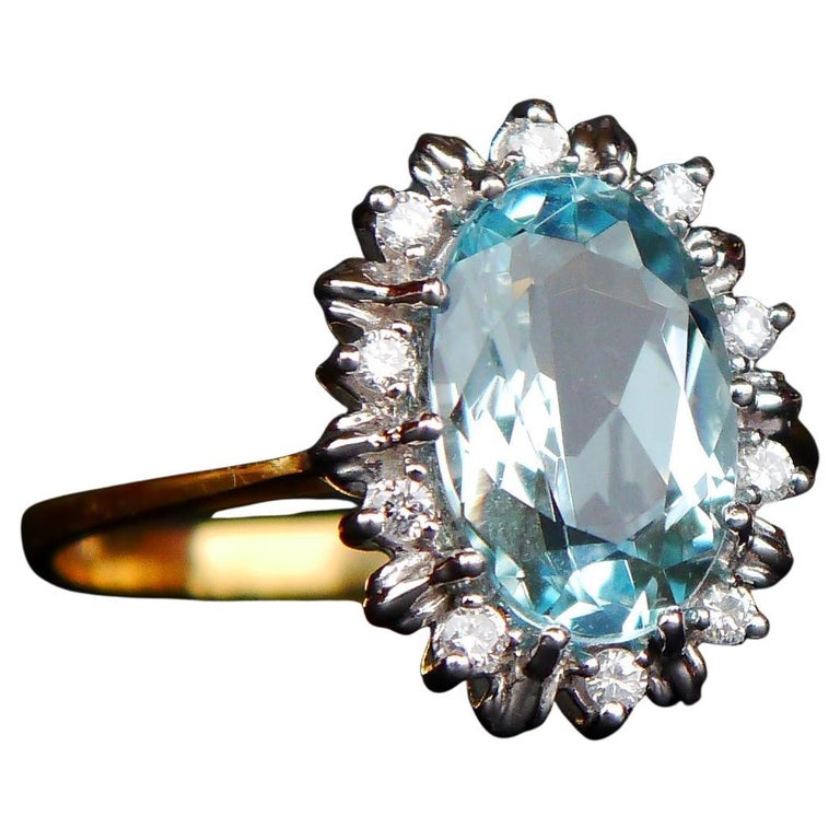 Bague européenne vintage 3ct Aigue-marine Diamants or massif 18K Ø